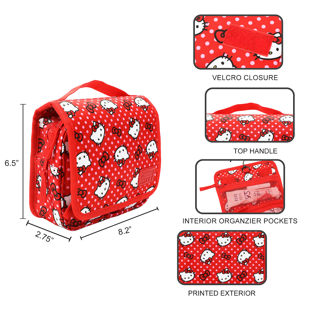 Hello Kitty Character Face & Bows Red 8.2" Folding Hanging Toiletry Kit