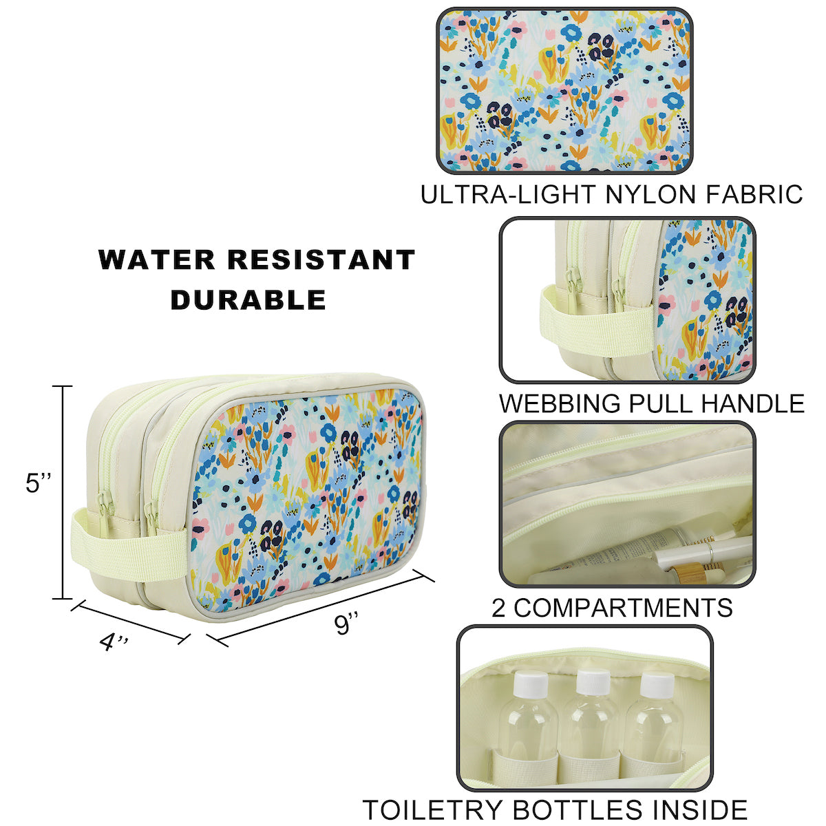 Floral Print Dual Compartment Cream Toiletry Cosmetic Kit