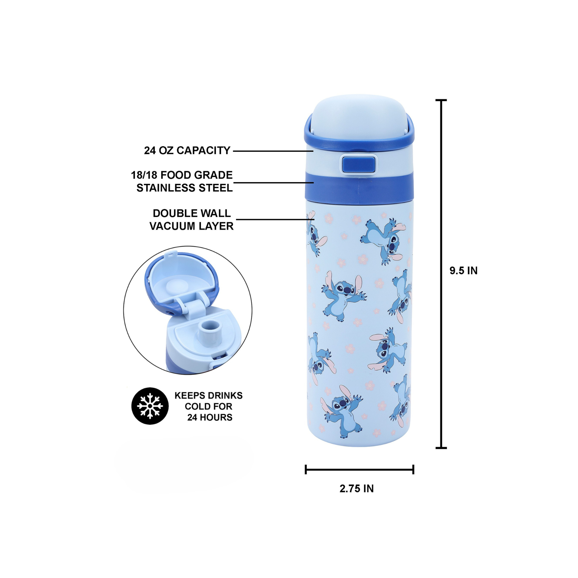 Lilo & Stitch All-Over Stitch Print Blue 24 Oz Stainless Steel Water Bottle