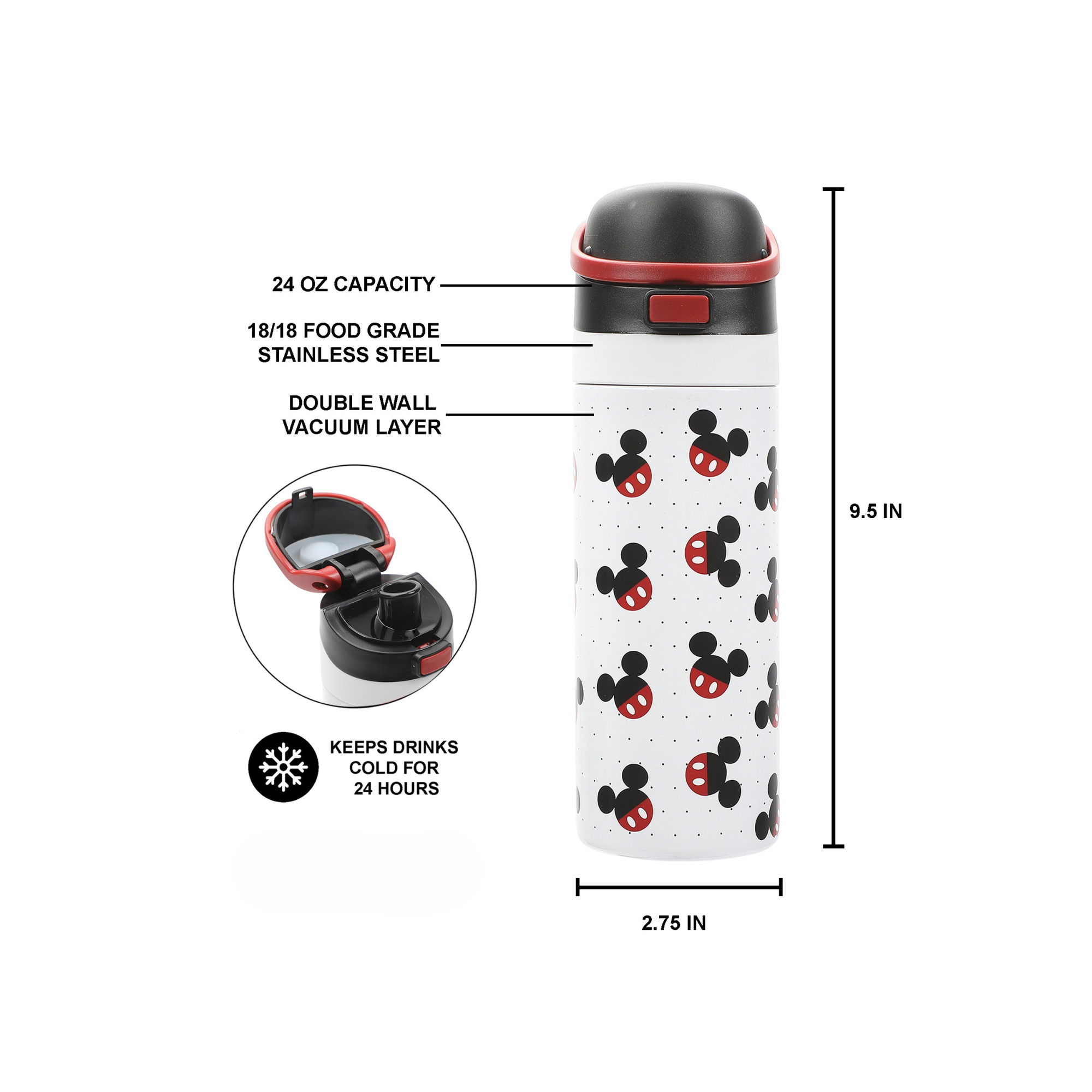 Mickey Mouse Classic Mickey Ears All-Over Print White 24 Oz Stainless Steel Water Bottle