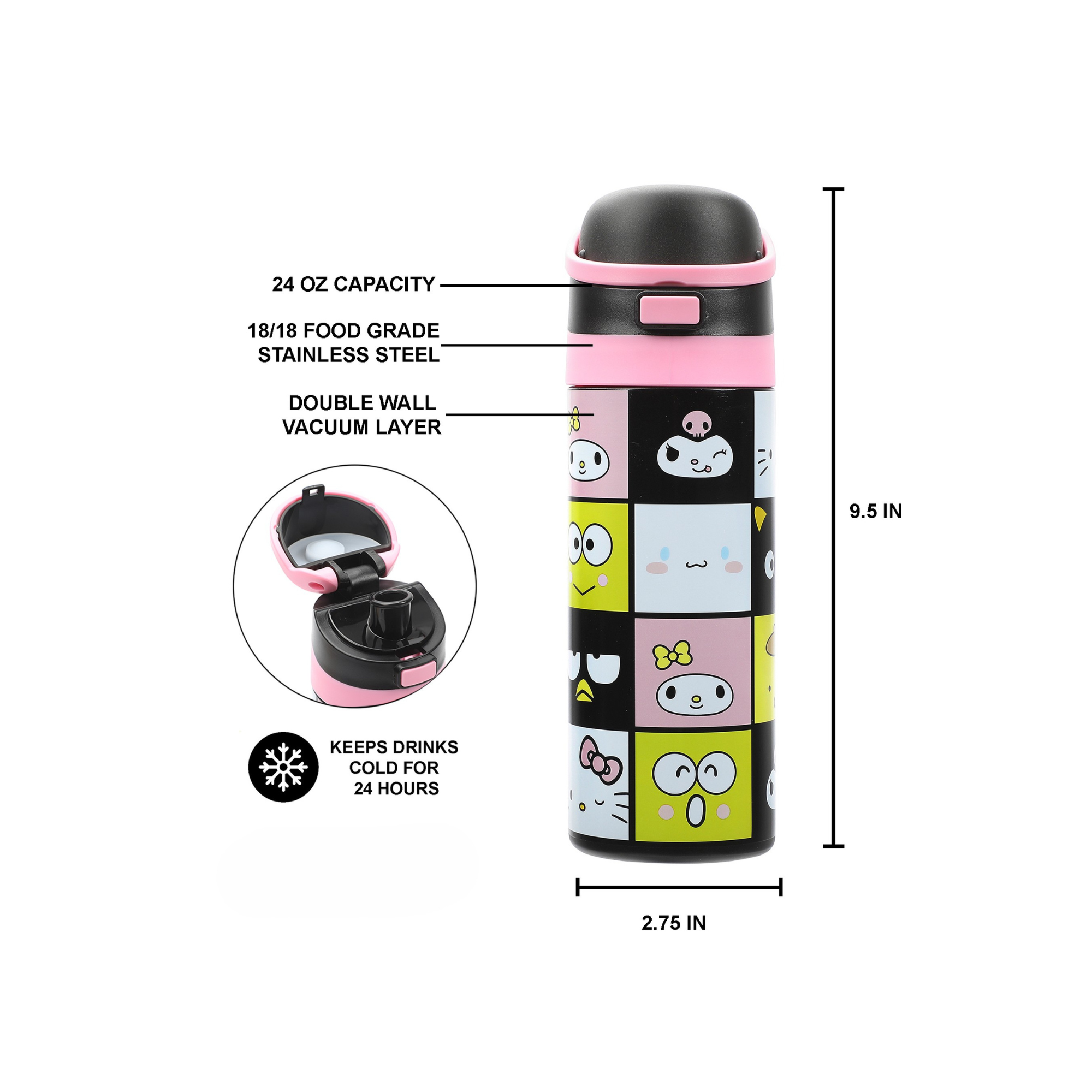 Hello Kitty & Friends Character Face Squares 24 Oz Stainless Steel Water Bottle