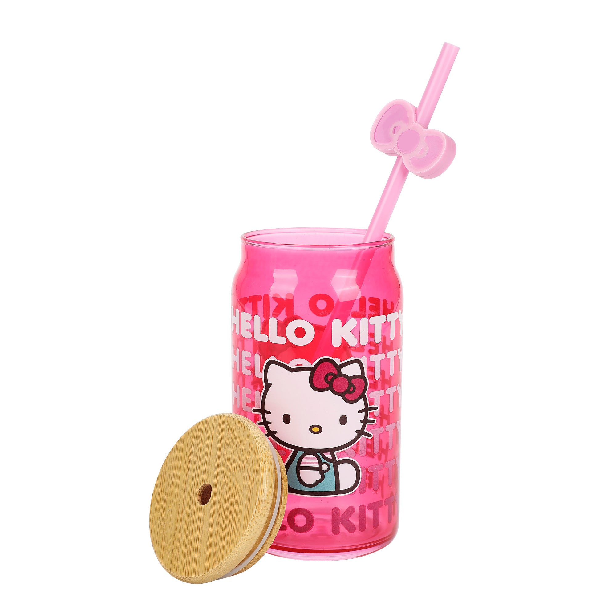 Hello Kitty Repeated Text 15oz Glass Cup with Straw and Lid