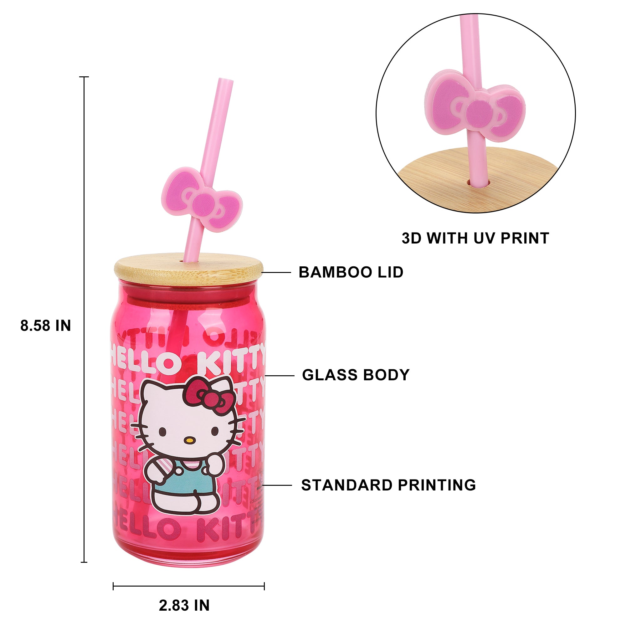 Hello Kitty Repeated Text 15oz Glass Cup with Straw and Lid