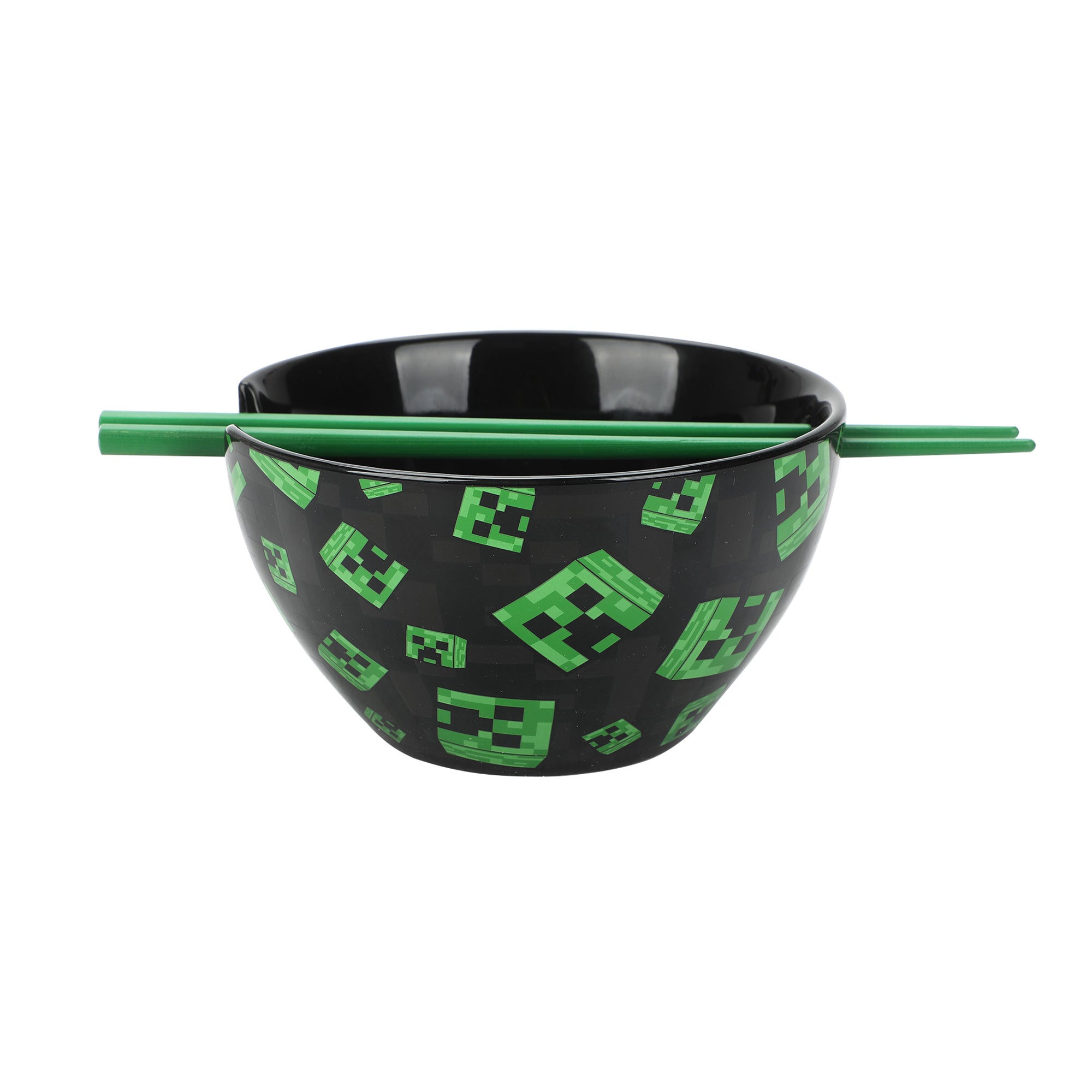 Minecraft Creeper Faces 20 Oz Black Ceramic Ramen Bowl With Plastic Chopsticks
