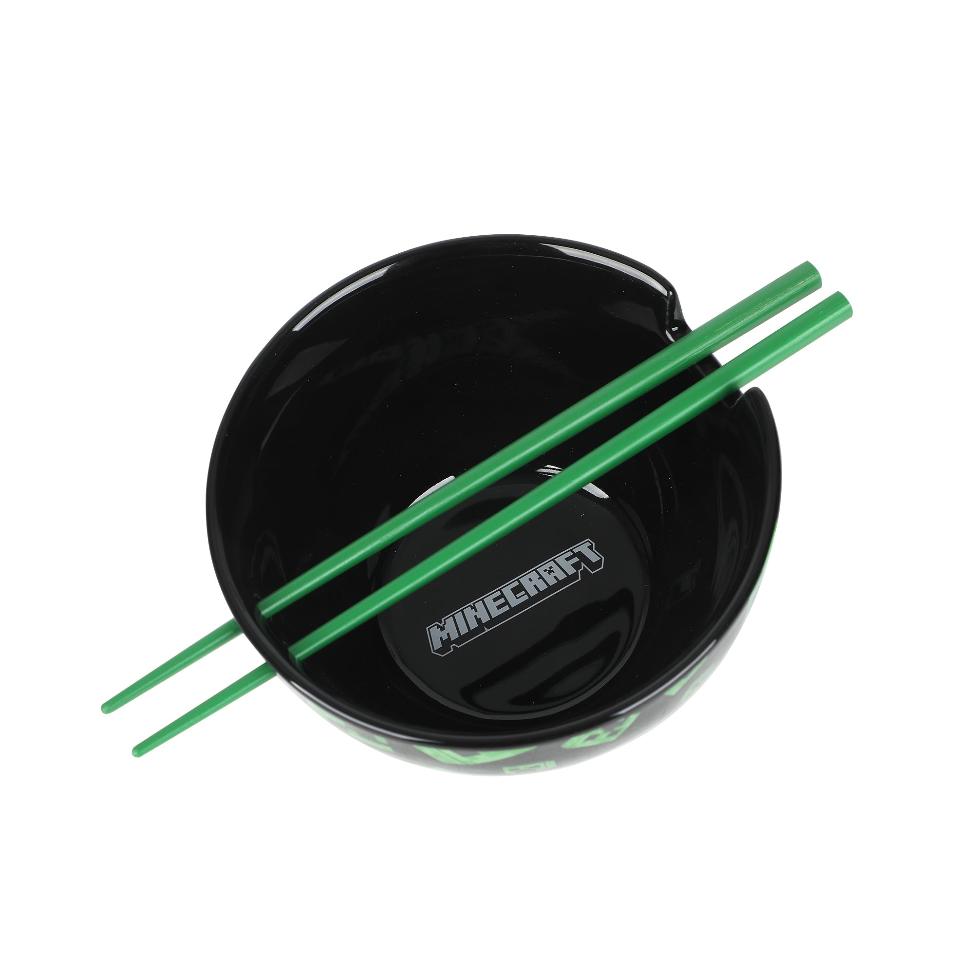 Minecraft Creeper Faces 20 Oz Black Ceramic Ramen Bowl With Plastic Chopsticks