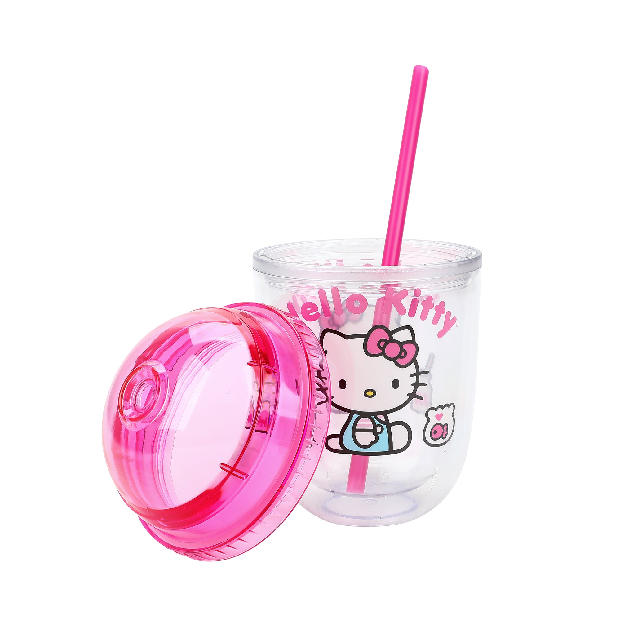 Hello Kitty Drinks Character Art 13 Oz Double Wall Plastic Cup With Pink Dome Lid