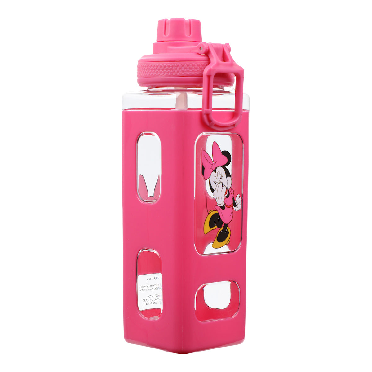 Disney Minnie Mouse Looking And Laughing 24 Oz Pink Square Plastic Water Bottle