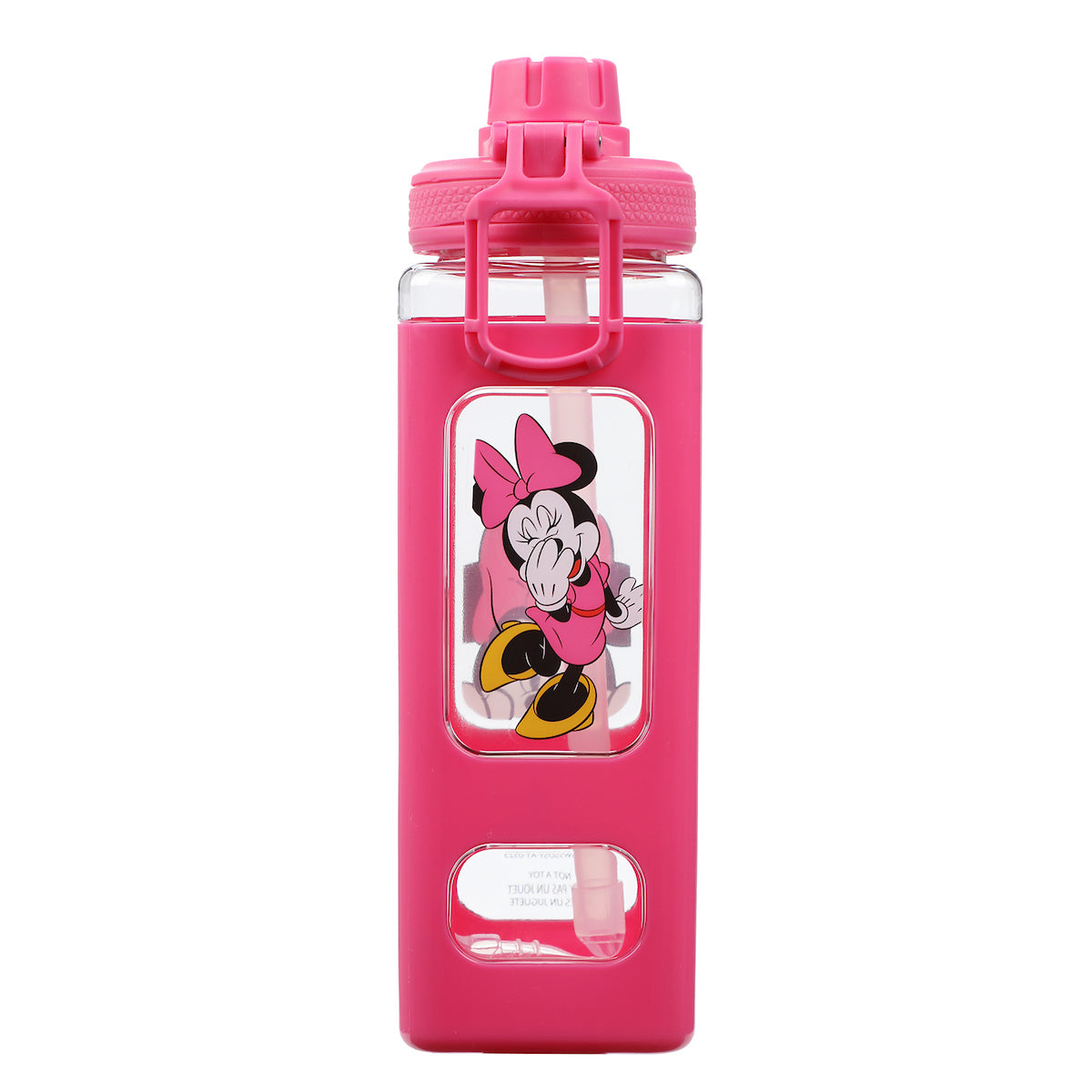 Disney Minnie Mouse Looking And Laughing 24 Oz Pink Square Plastic Water Bottle