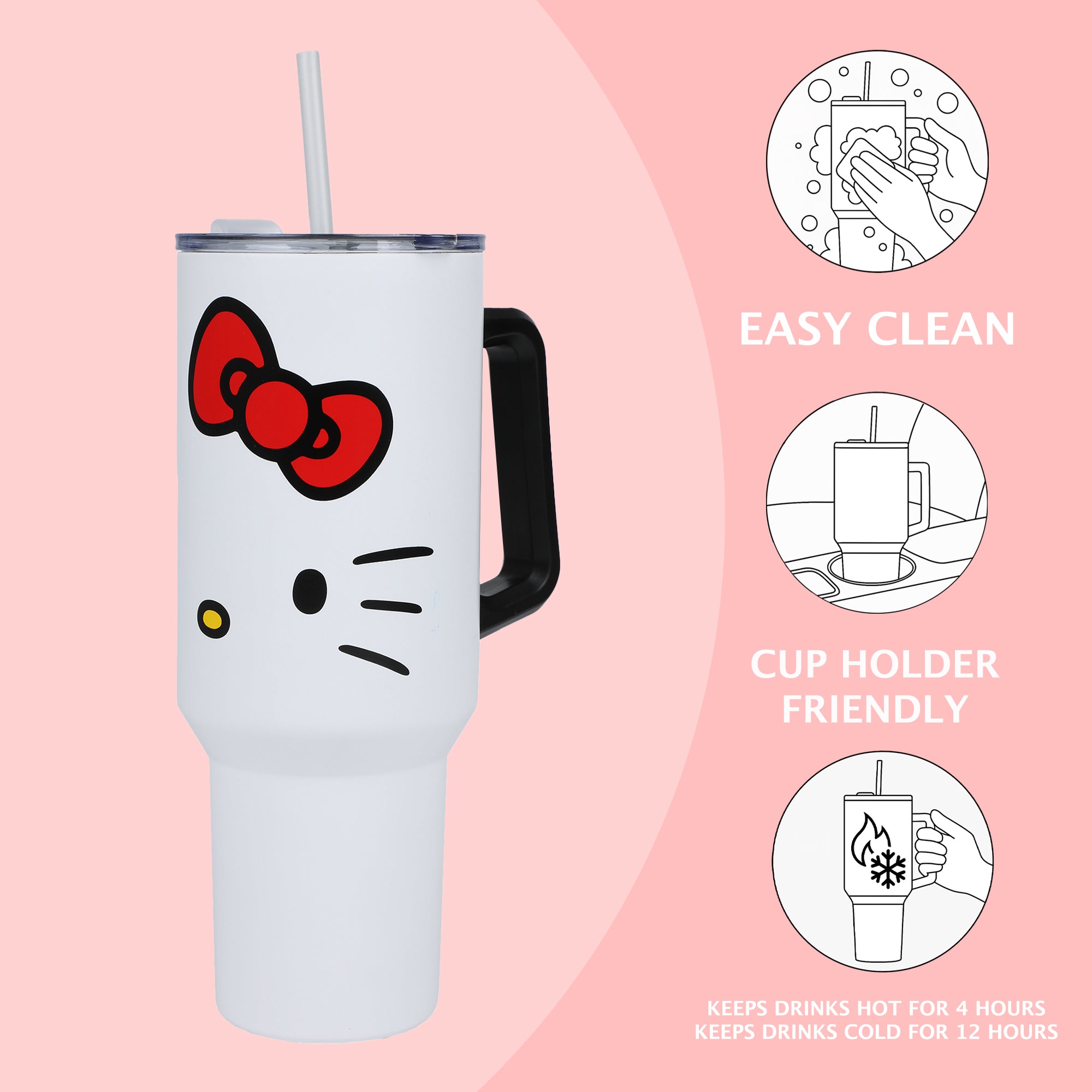 Bioworld Hello Kitty Vacuum Insulated 40 Oz. Stainless Steel Tumbler with Straw & Leak-Proof Lid, Easy Carry Handle for Travel or Home