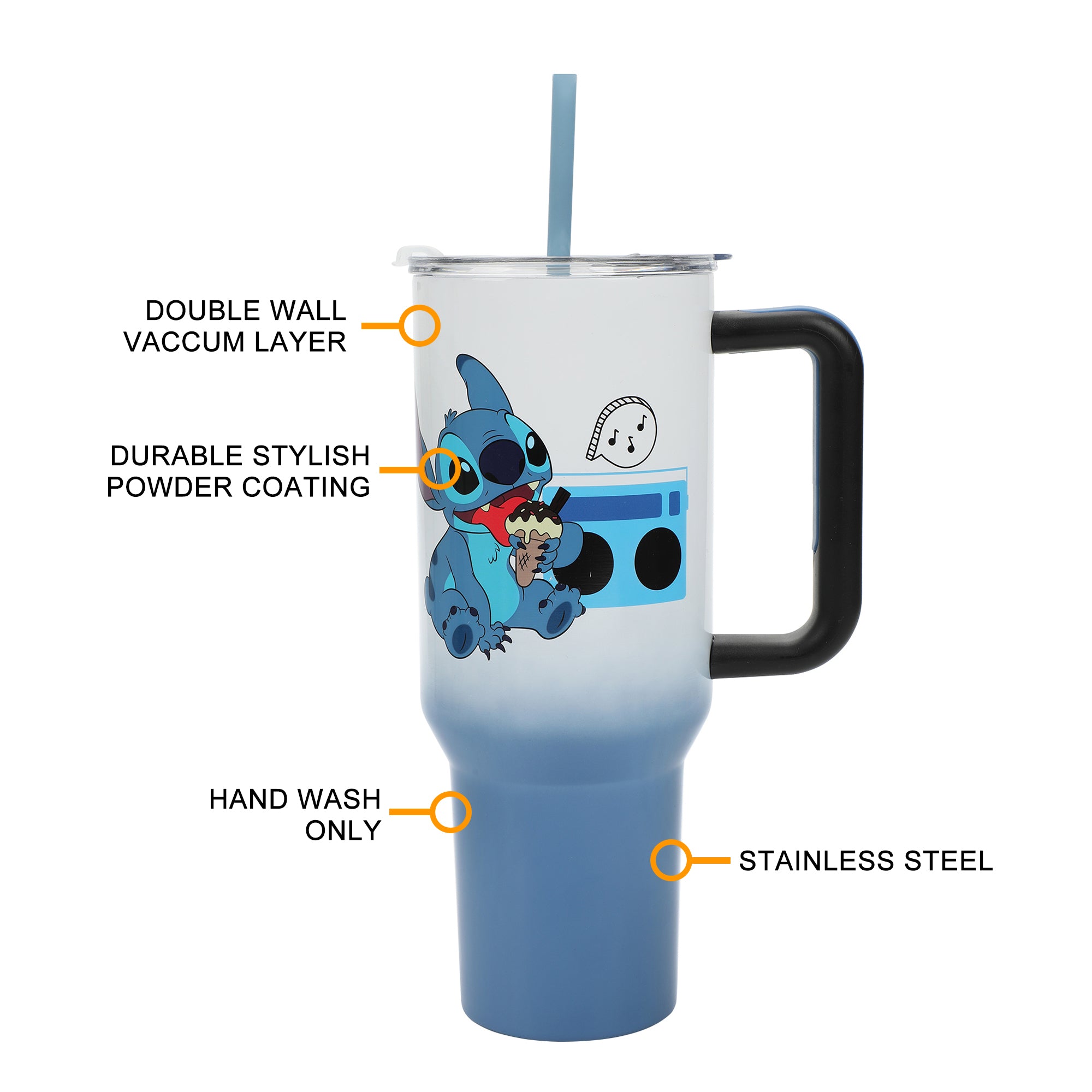 Bioworld Disney Stitch “Chilled Vibes” Vacuum Insulated 40 Oz. Stainless Steel Tumbler with Leak-Proof Lid & Easy Carry Handle for Travel or Home