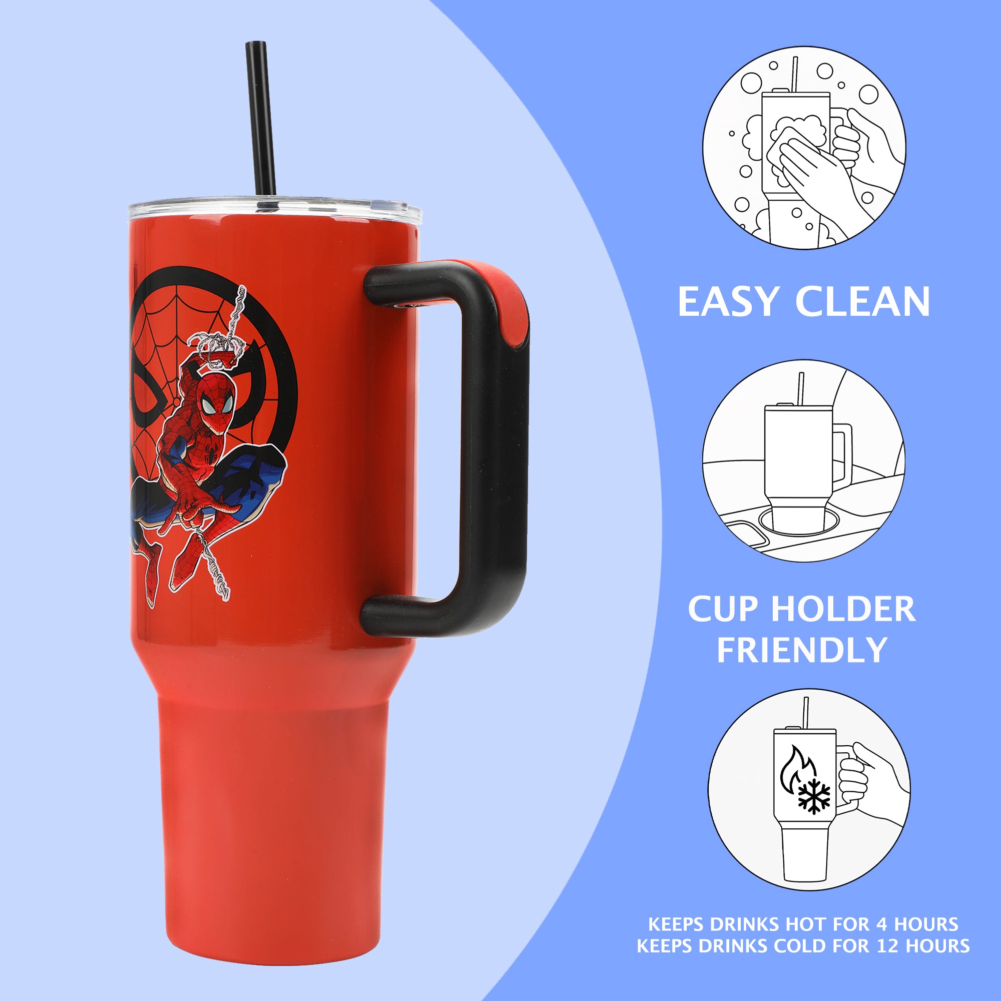 Marvel Spider-Man Vacuum Insulated 40 Oz. Red Stainless Steel Tumbler with Leak-Proof Lid & Easy Carry Handle for Travel or Home