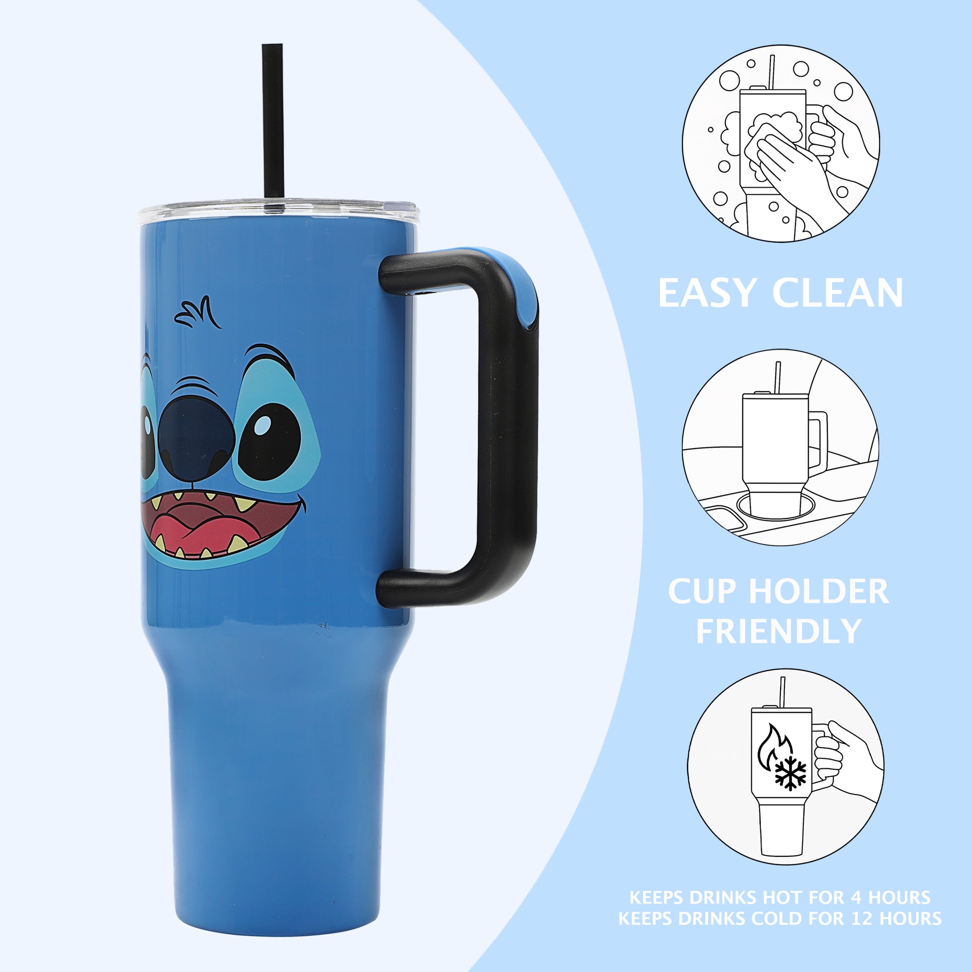 Bioworld Disney Stitch Vacuum Insulated 40 Oz. Stainless Steel Tumbler with Straw & Leak-Proof Lid, Easy Carry Handle for Travel or Home