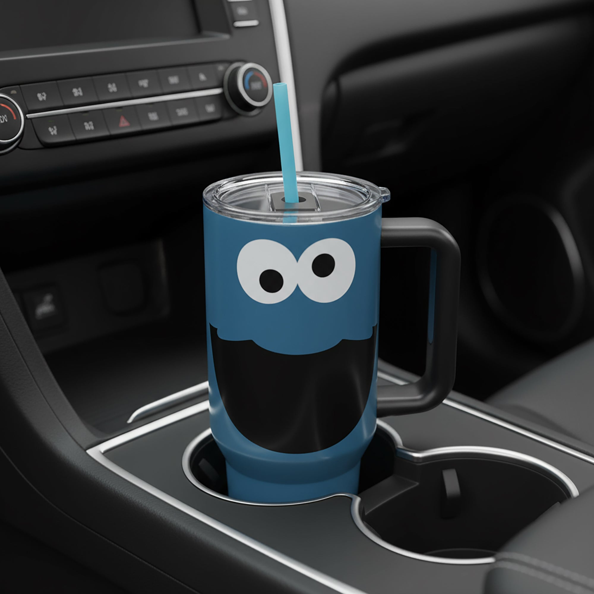 Sesame Street Cookie Monster 40 Oz. Vacuum Insulated Stainless Steel Tumbler with Straw & Leak-Proof Lid Blue Character Design Easy Carry Handle for Travel or Home