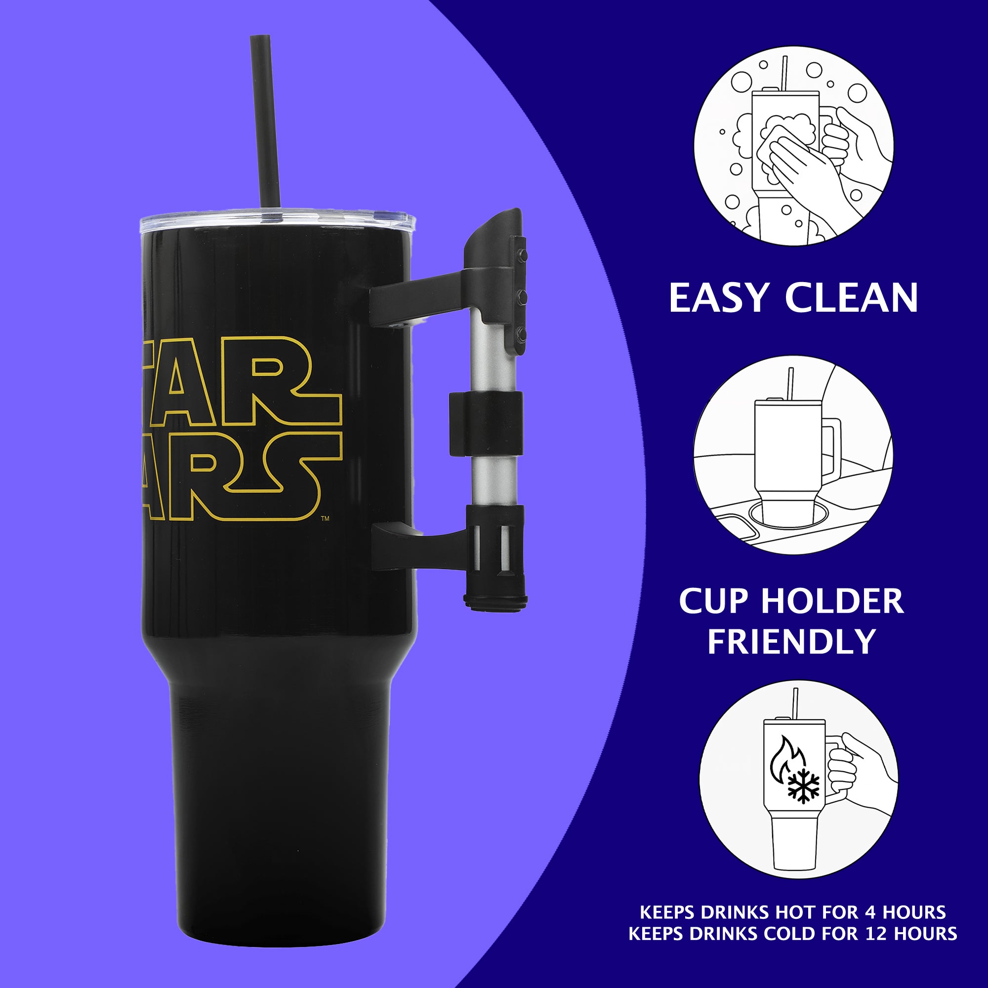 Star Wars Vacuum Insulated 40 Oz Stainless Steel Tumbler with Sculpted Lightsaber Handle Leak-Proof Lid & Double-Wall Insulation for Travel or Home