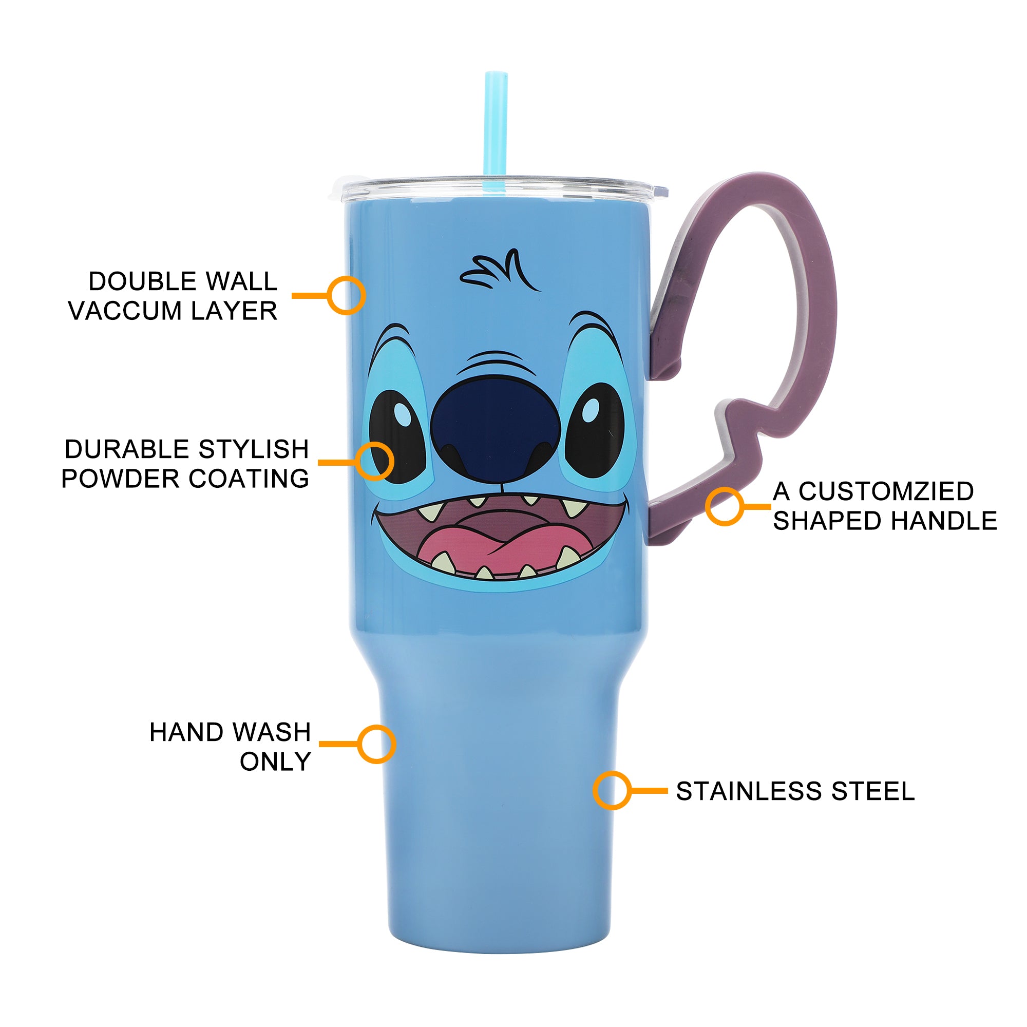 Bioworld Disney Stitch Vacuum Insulated 40 Oz. Stainless Steel Tumbler with Sculpted Ears Handle, Leak-Proof Lid & Straw for Travel or Home