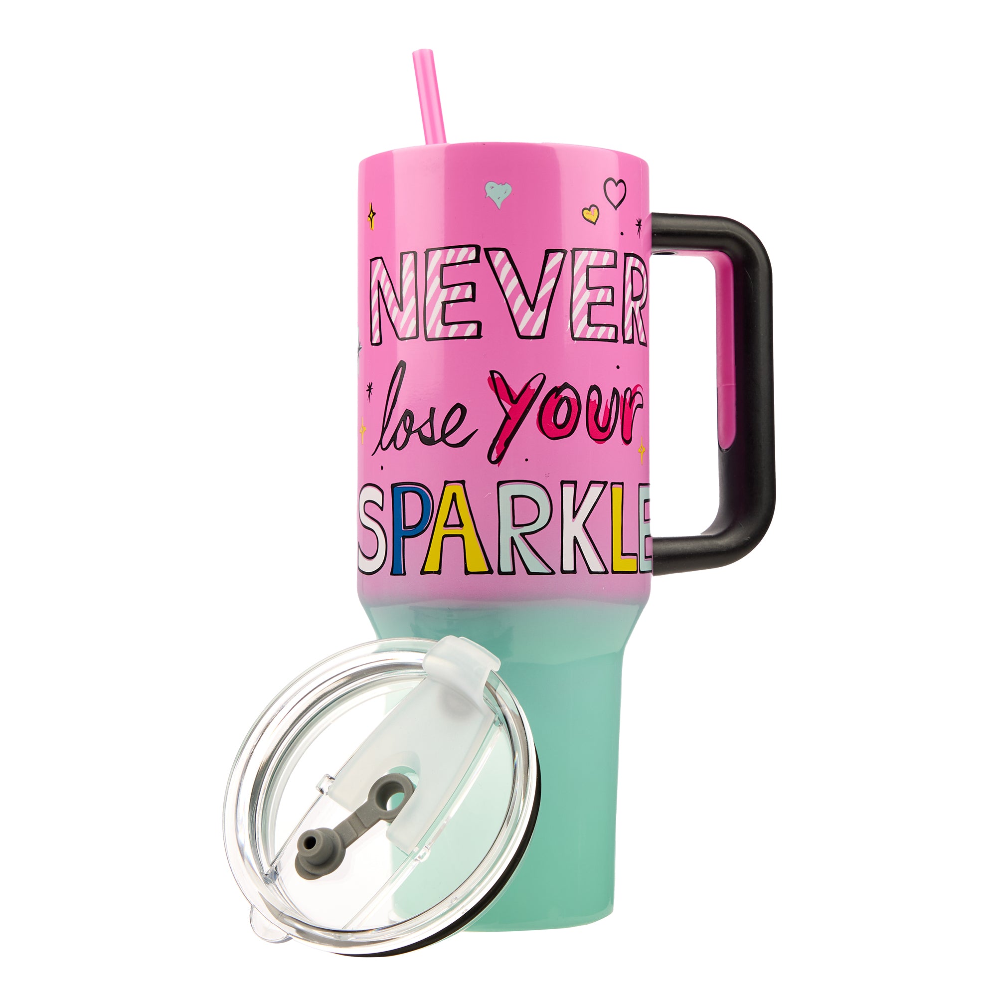 Bioworld Hello Kitty "Never Lose Your Spark" Vacuum Insulated 40 Oz. Pink & Green Ombre Stainless Steel Tumbler with Leak-Proof Lid & Easy Carry Handle for Travel or Home