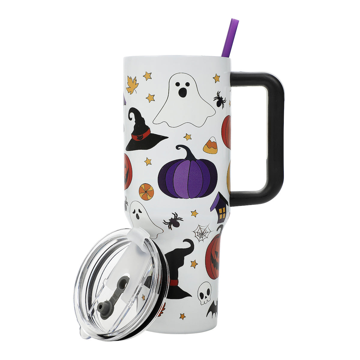 Bioworld Halloween Scary Icons 40 Oz Vacuum Insulated White Stainless Steel Tumbler with Handle & Leak-Proof Lid, Double-Wall Design for Hot or Cold Drinks