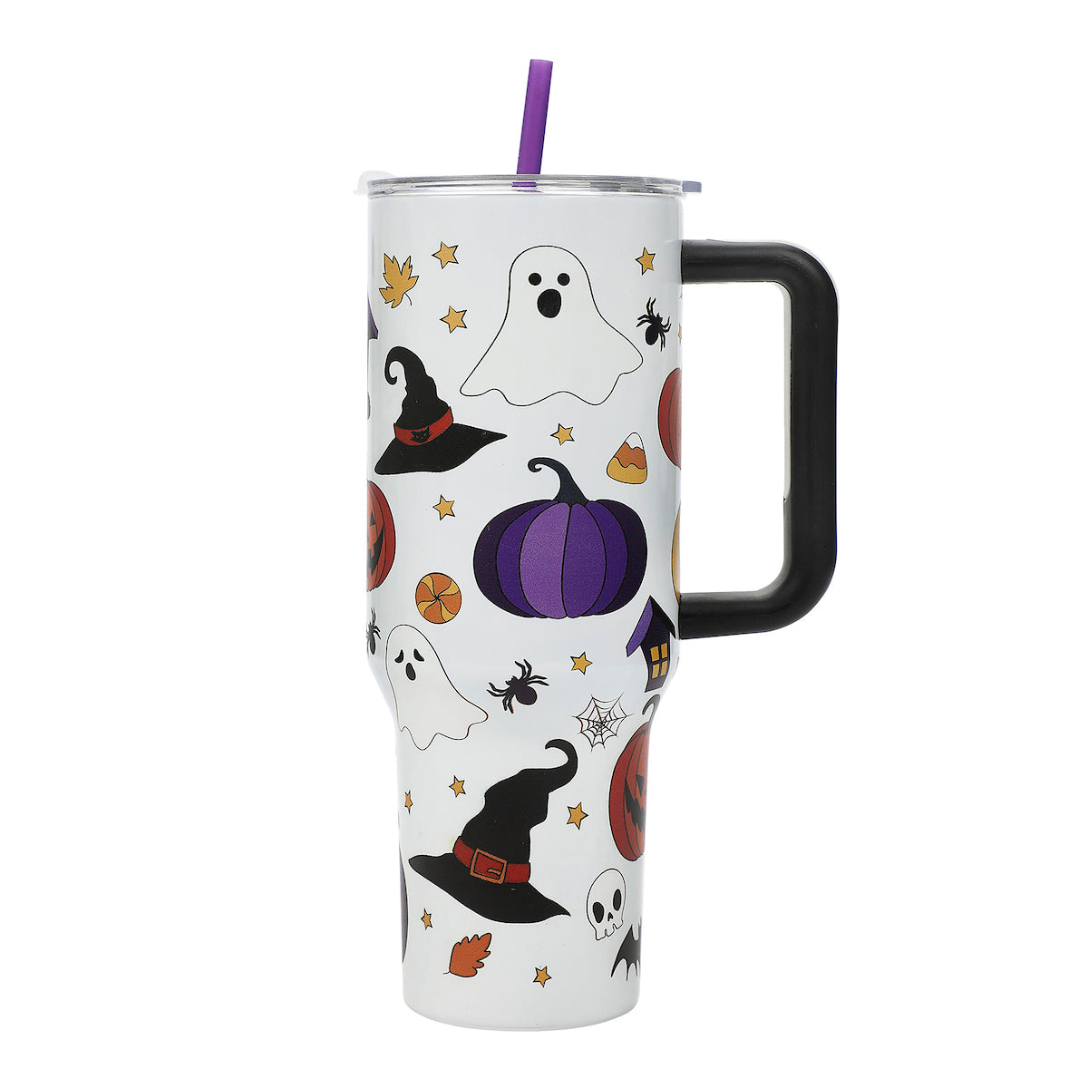 Bioworld Halloween Scary Icons 40 Oz Vacuum Insulated White Stainless Steel Tumbler with Handle & Leak-Proof Lid, Double-Wall Design for Hot or Cold Drinks