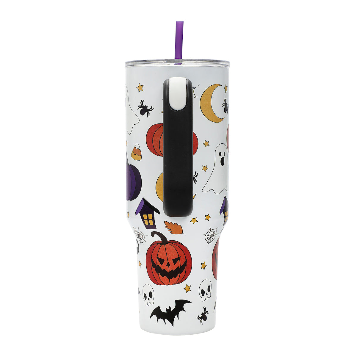 Bioworld Halloween Scary Icons 40 Oz Vacuum Insulated White Stainless Steel Tumbler with Handle & Leak-Proof Lid, Double-Wall Design for Hot or Cold Drinks