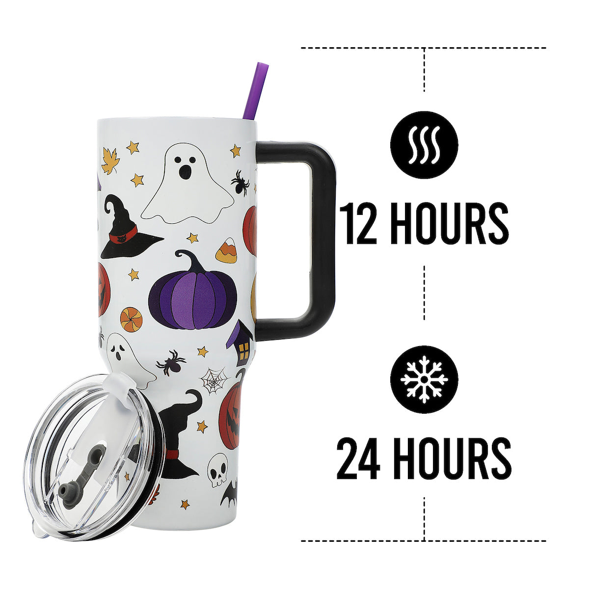 Bioworld Halloween Scary Icons 40 Oz Vacuum Insulated White Stainless Steel Tumbler with Handle & Leak-Proof Lid, Double-Wall Design for Hot or Cold Drinks