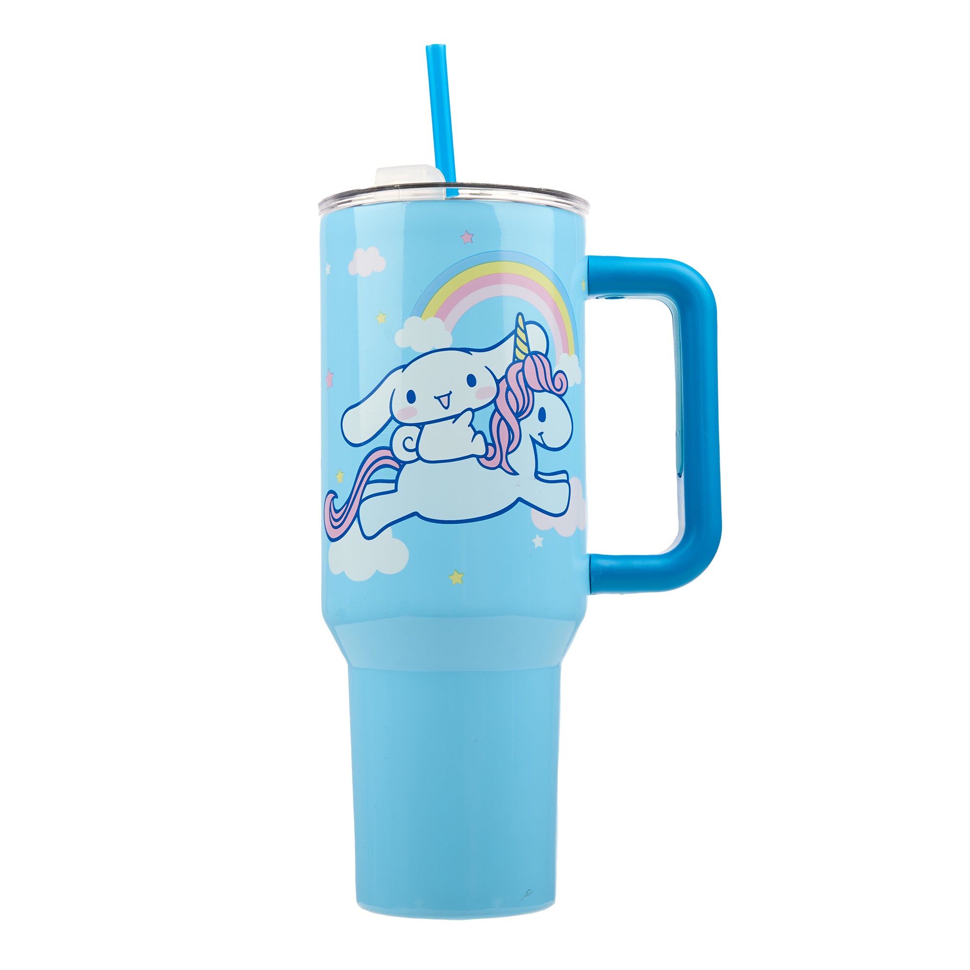 Bioworld Cinnamoroll 40 Oz. Vacuum Insulated Stainless Steel Tumbler with Straw & Leak-Proof Lid, Cute Unicorn & Balloon Design, Easy Carry Handle for Travel or Home