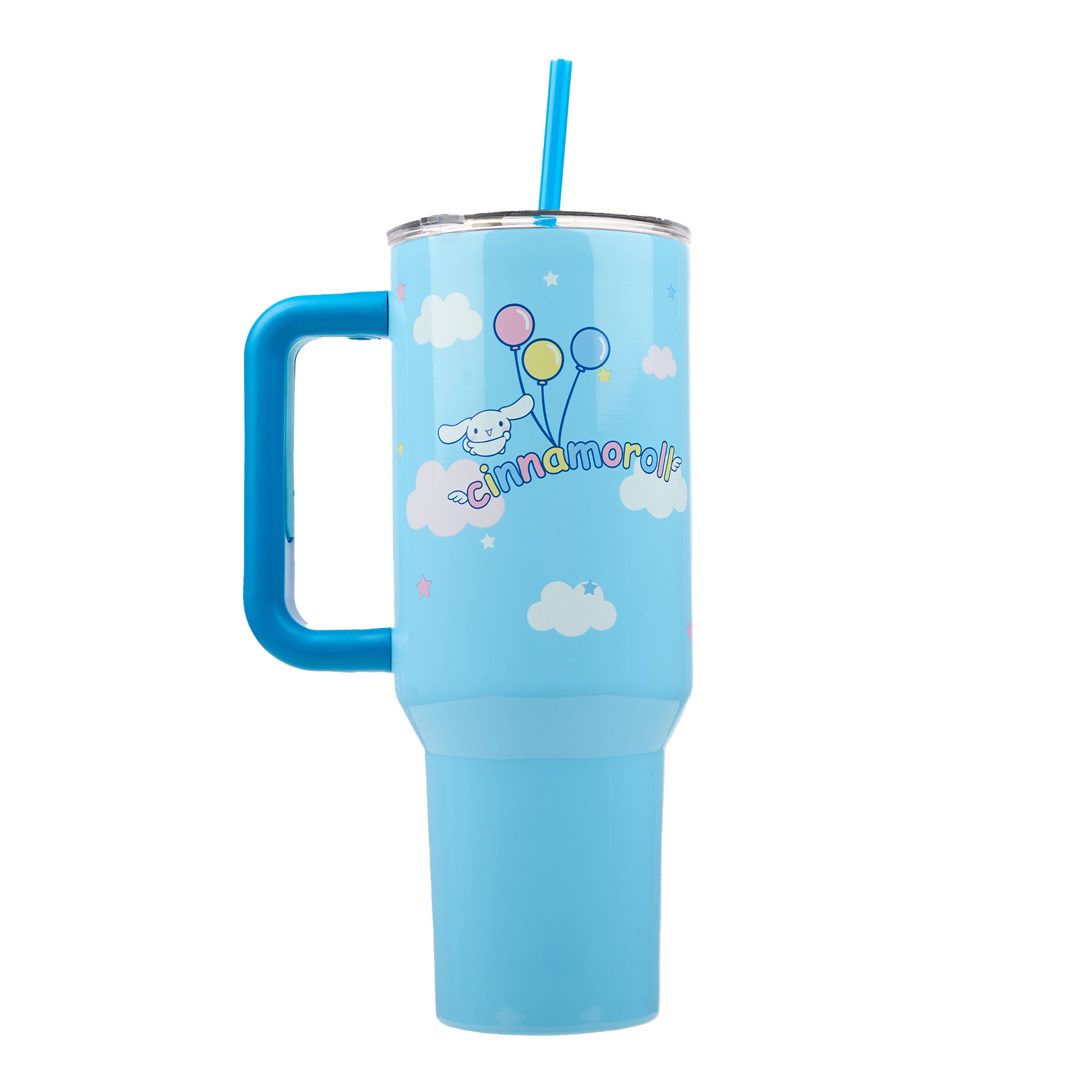 Bioworld Cinnamoroll 40 Oz. Vacuum Insulated Stainless Steel Tumbler with Straw & Leak-Proof Lid, Cute Unicorn & Balloon Design, Easy Carry Handle for Travel or Home