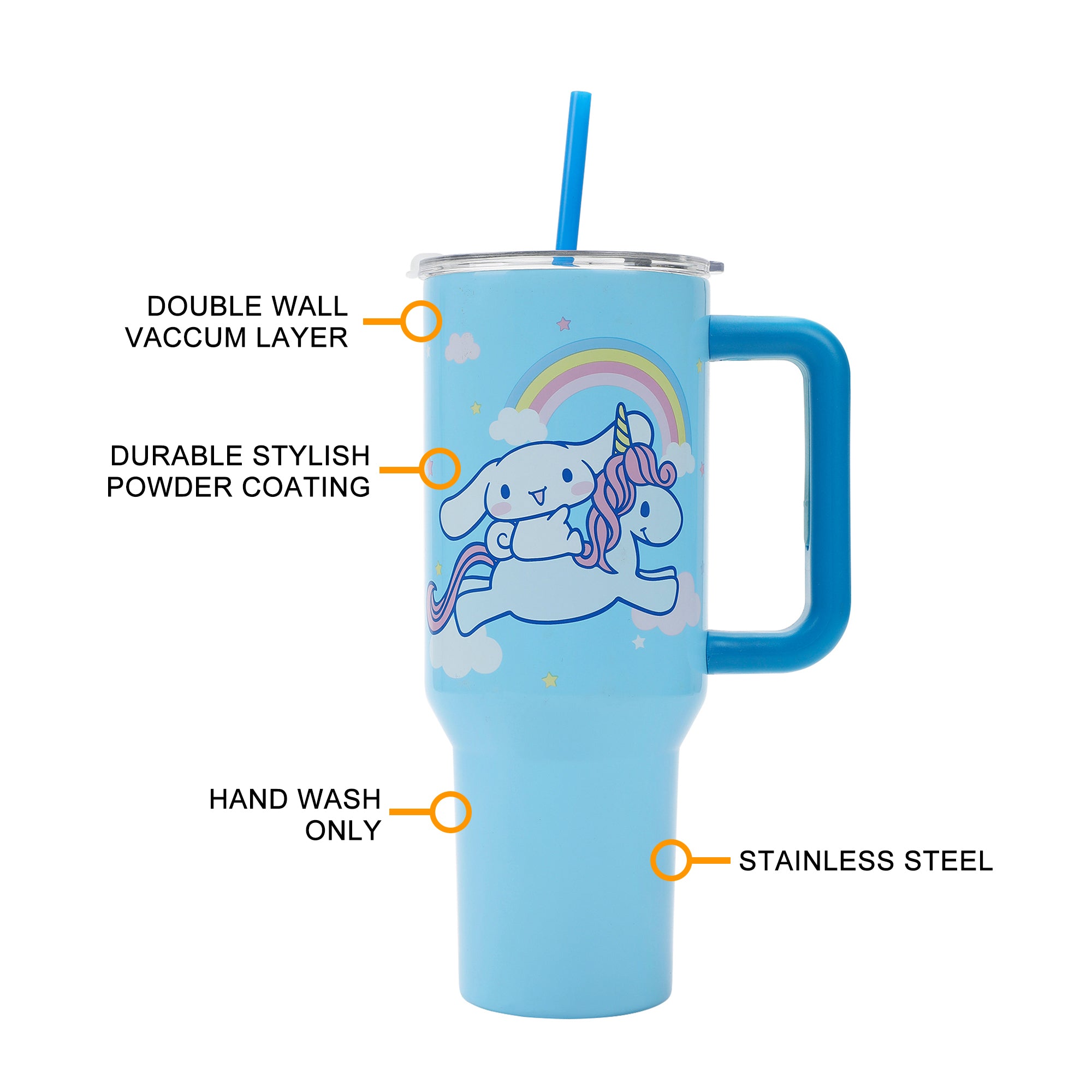 Bioworld Cinnamoroll 40 Oz. Vacuum Insulated Stainless Steel Tumbler with Straw & Leak-Proof Lid, Cute Unicorn & Balloon Design, Easy Carry Handle for Travel or Home