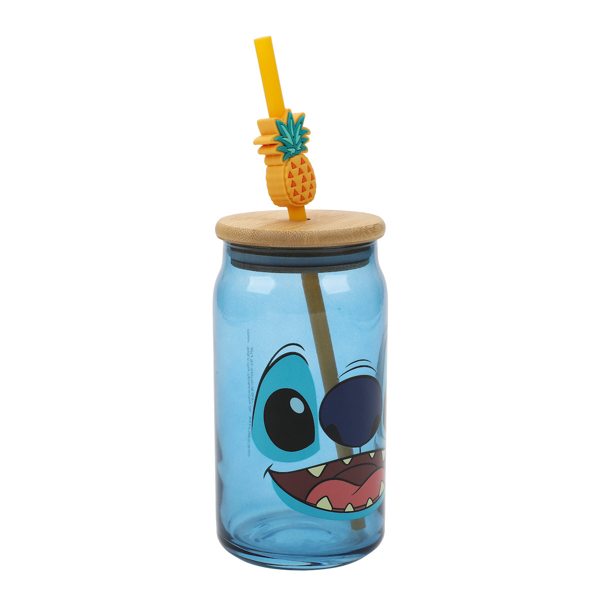 Disney Stitch Big Face 15 Oz Blue Glass Bottle With Straw & Lid