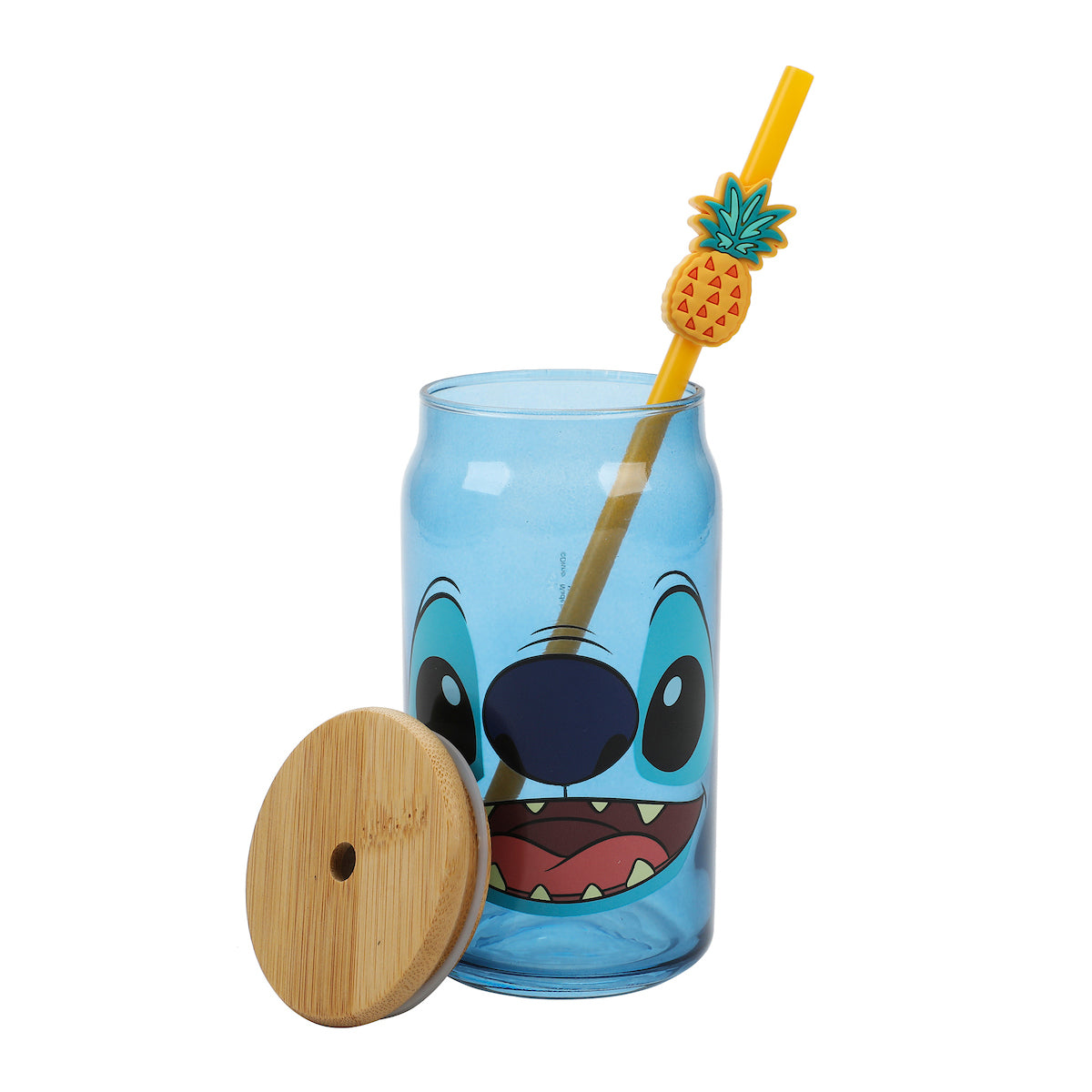Disney Stitch Big Face 15 Oz Blue Glass Bottle With Straw & Lid