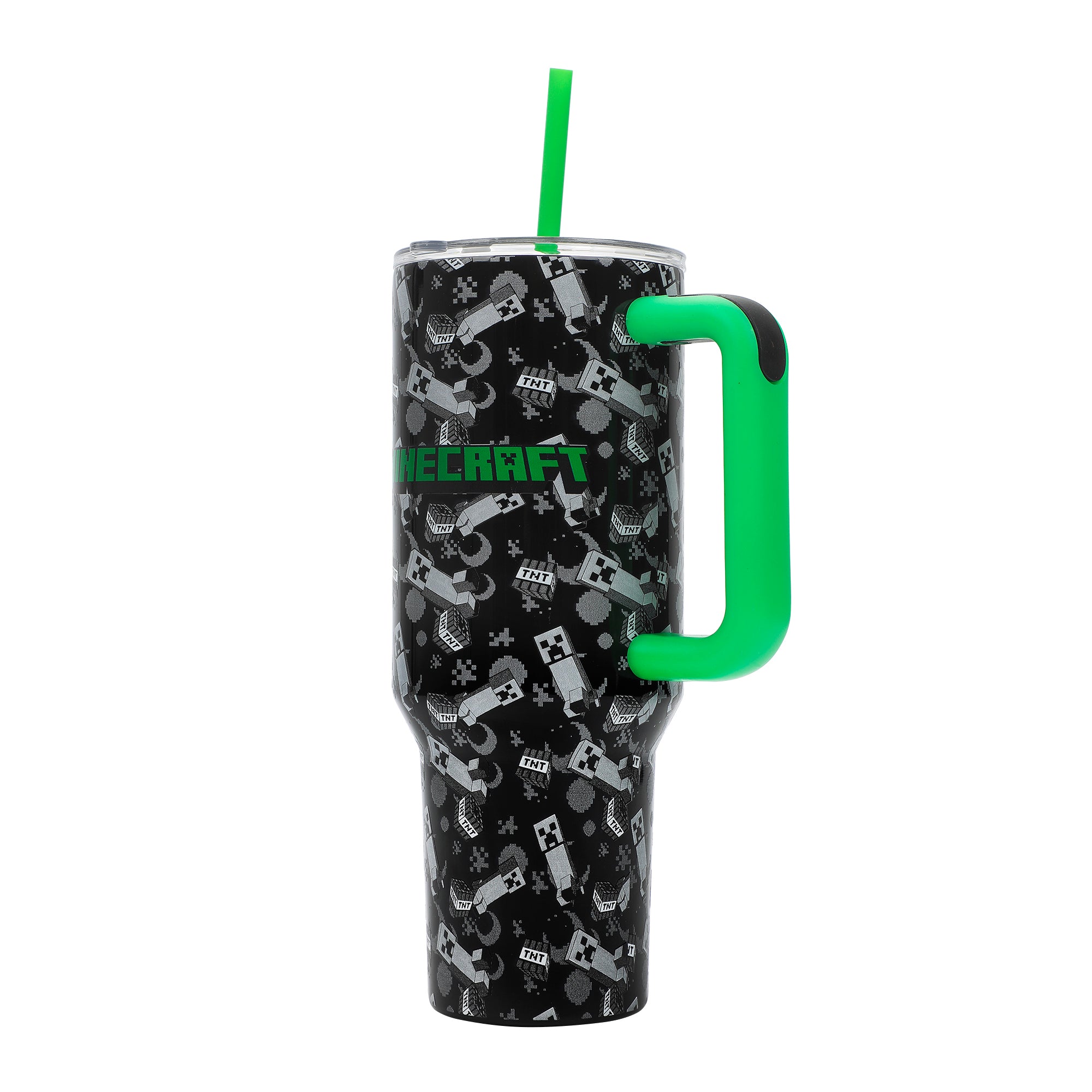 Bioworld Minecraft Creeper & TNT Vacuum Insulated 40 Oz. Black Stainless Steel Tumbler with Leak-Proof Lid & Easy Carry Handle for Travel or Home