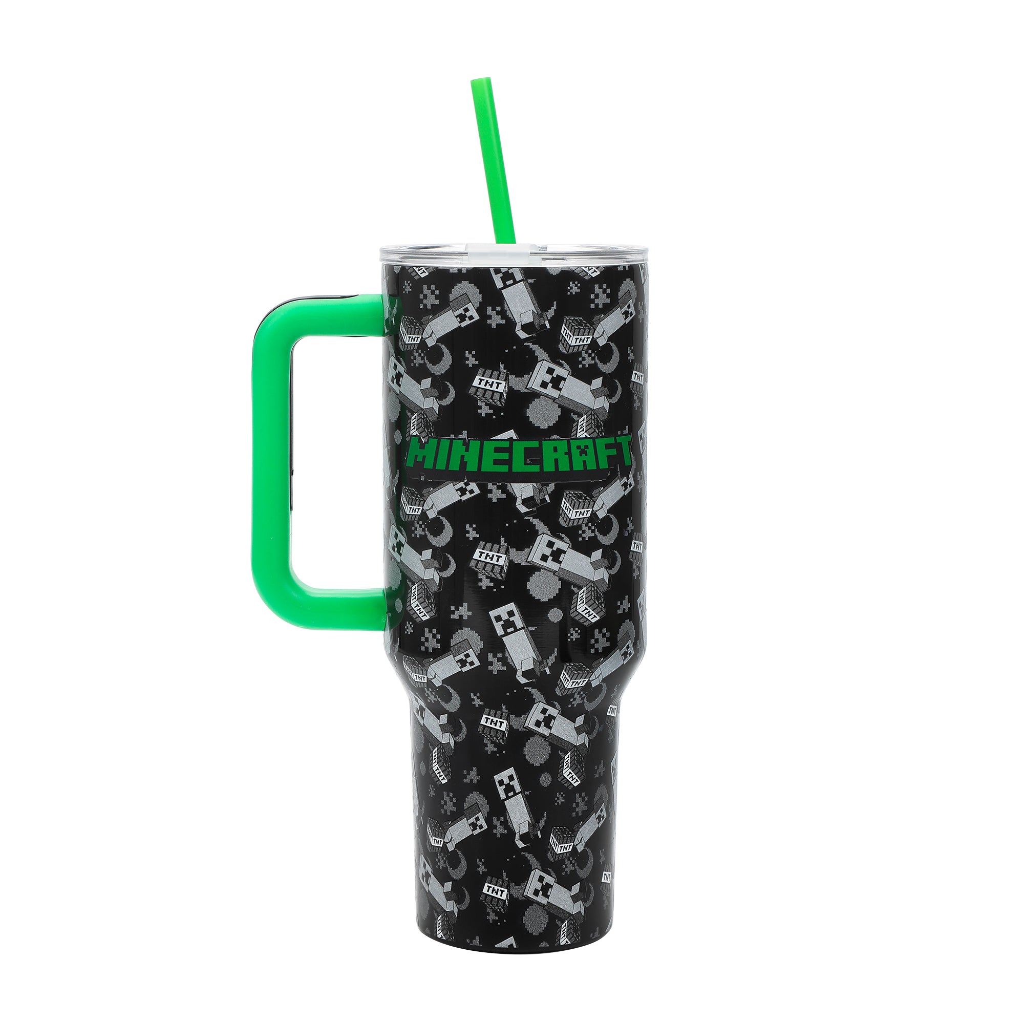 Bioworld Minecraft Creeper & TNT Vacuum Insulated 40 Oz. Black Stainless Steel Tumbler with Leak-Proof Lid & Easy Carry Handle for Travel or Home