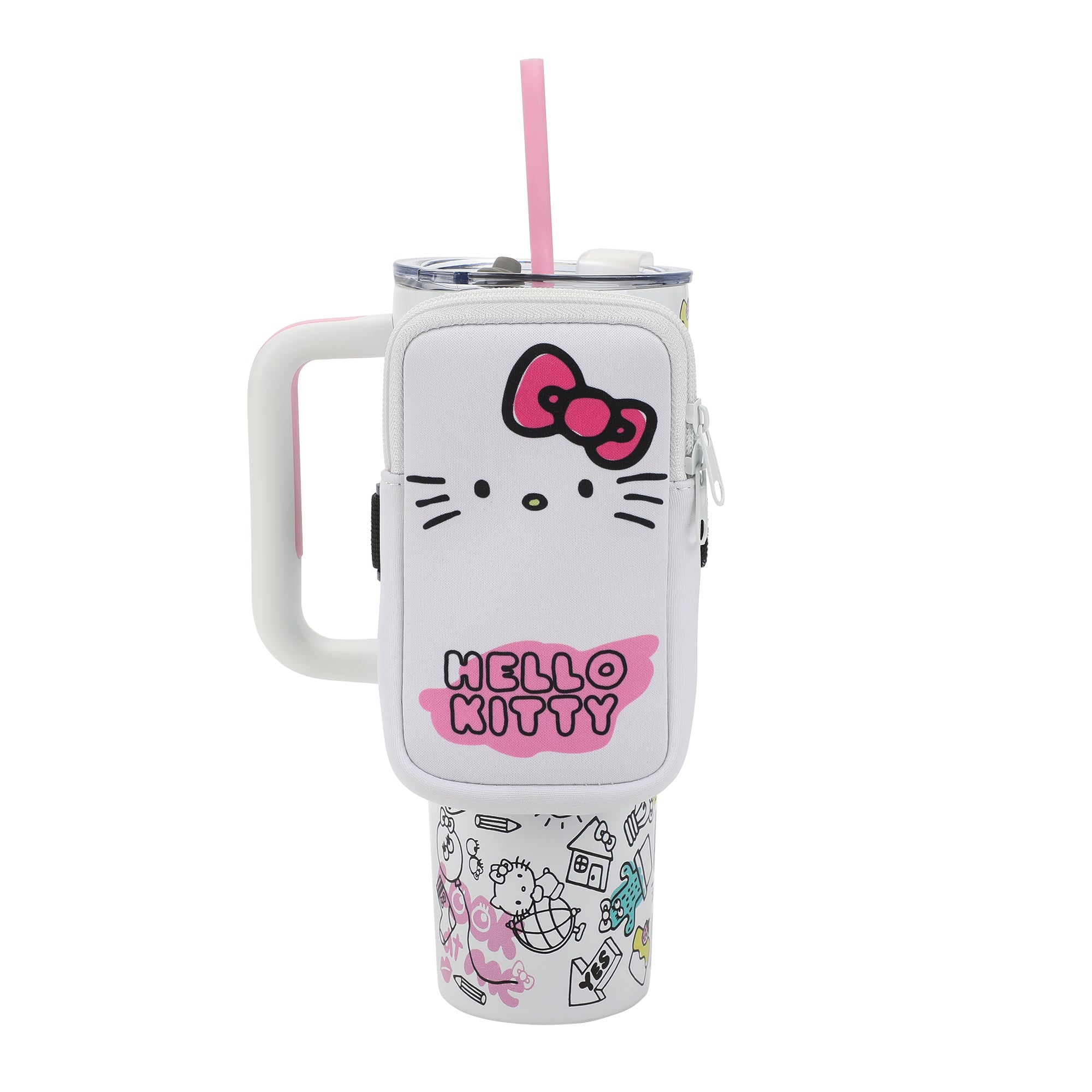 Bioworld Hello Kitty 40 Oz Vacuum Insulated Stainless Steel Tumbler with Handle & Slip-On Pouch, Leak-Proof Lid for Travel, Work, or Home