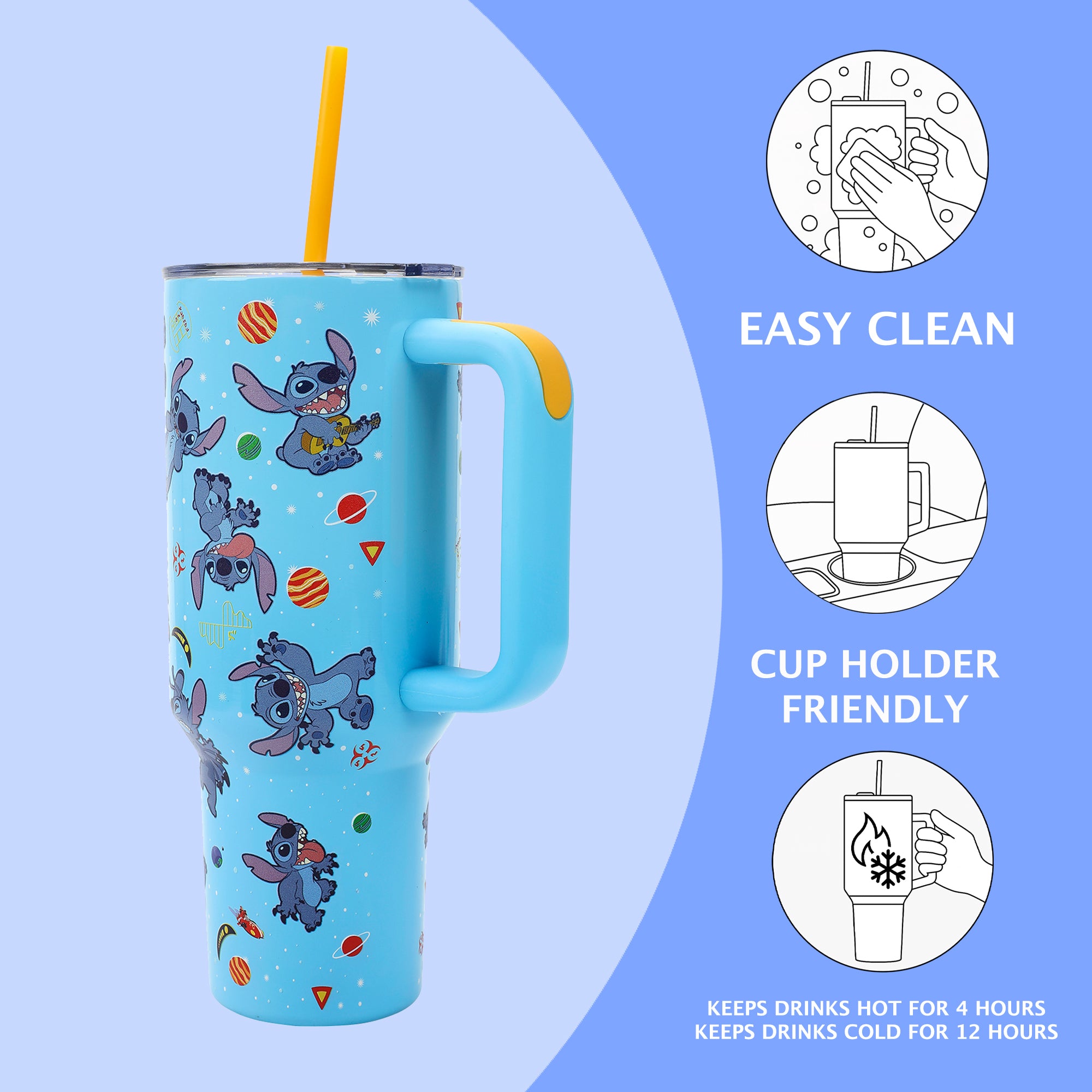Disney Stitch Tropical Fruits & Flowers 40 Oz Blue Stainless Steel Tumbler With Removable Pouch