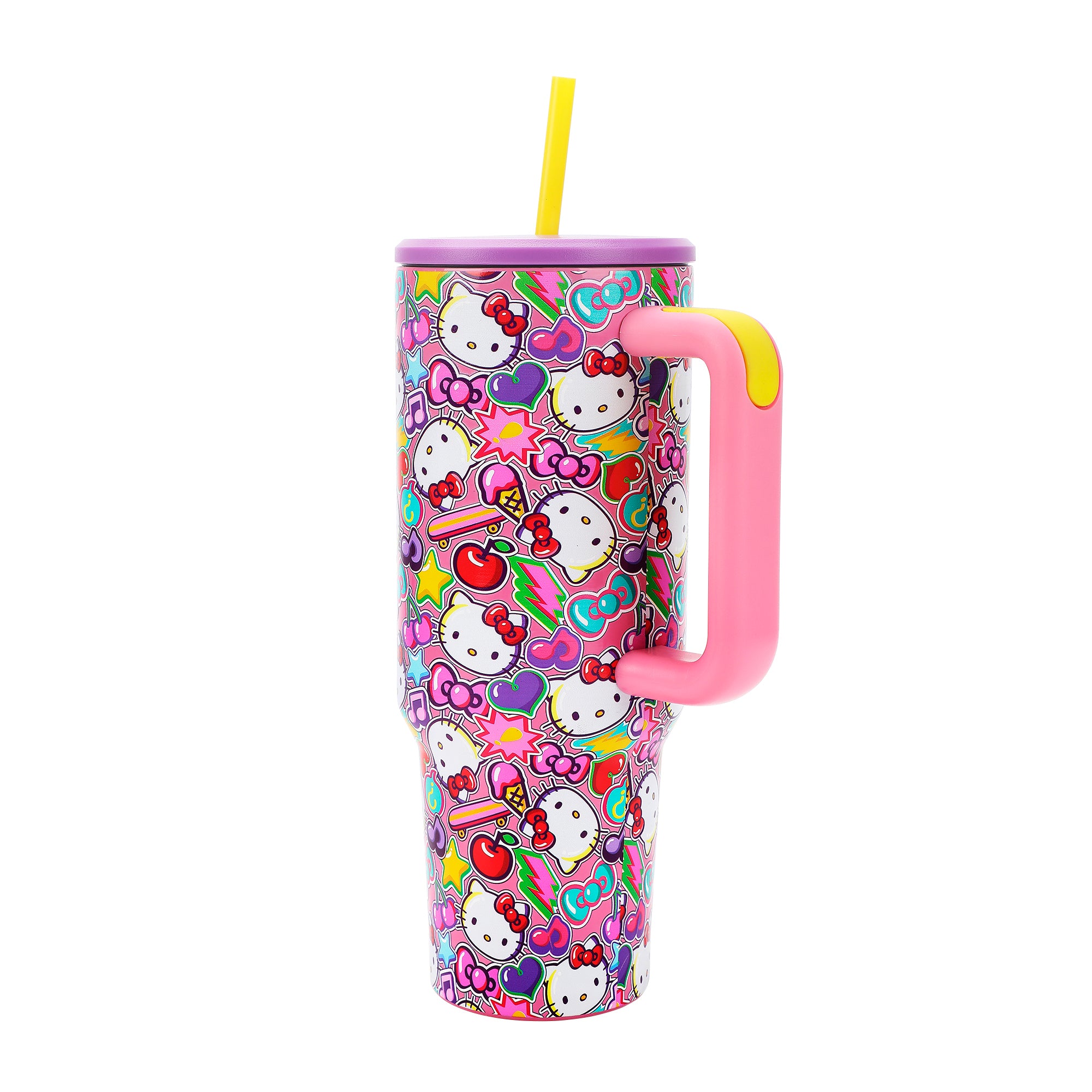 Hello Kitty All-Over Print Vacuum Insulated 40 Oz. Stainless Steel Tumbler with Leak-Proof Lid & Chunky Easy Carry Handle for Travel or Home