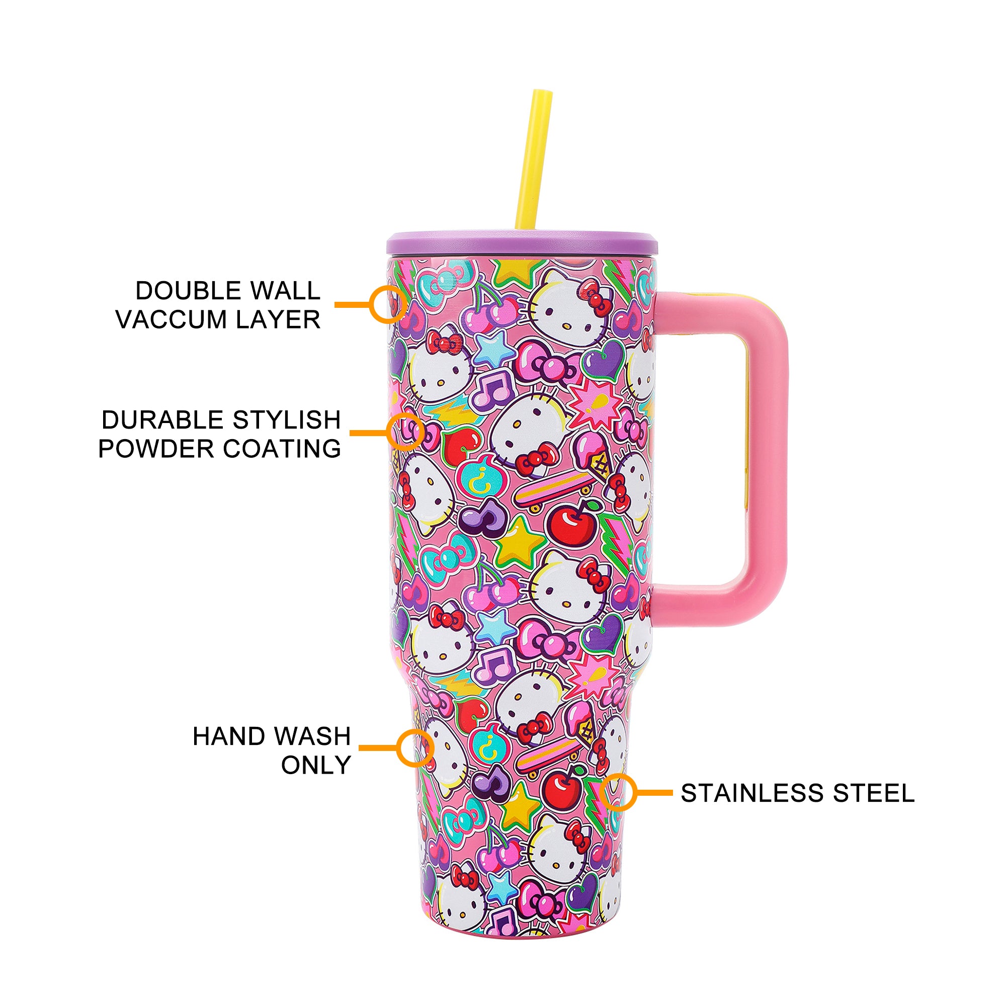 Hello Kitty All-Over Print Vacuum Insulated 40 Oz. Stainless Steel Tumbler with Leak-Proof Lid & Chunky Easy Carry Handle for Travel or Home
