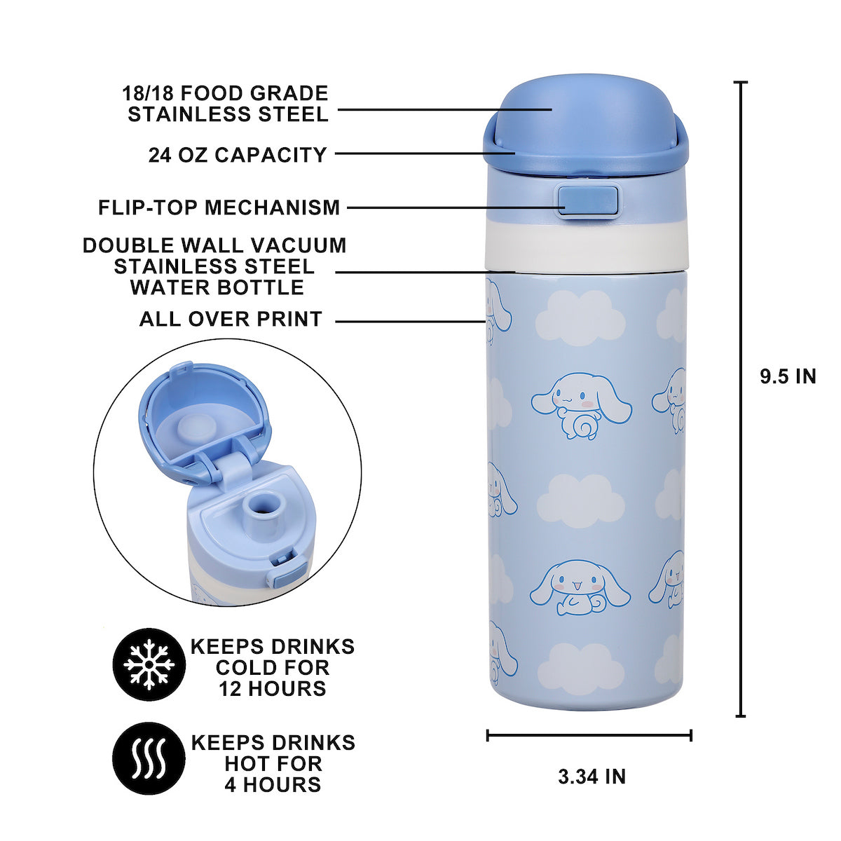 Cinnamoroll AOP Character 24 Oz. Vacuum Sealed Stainless Steel Water Bottle