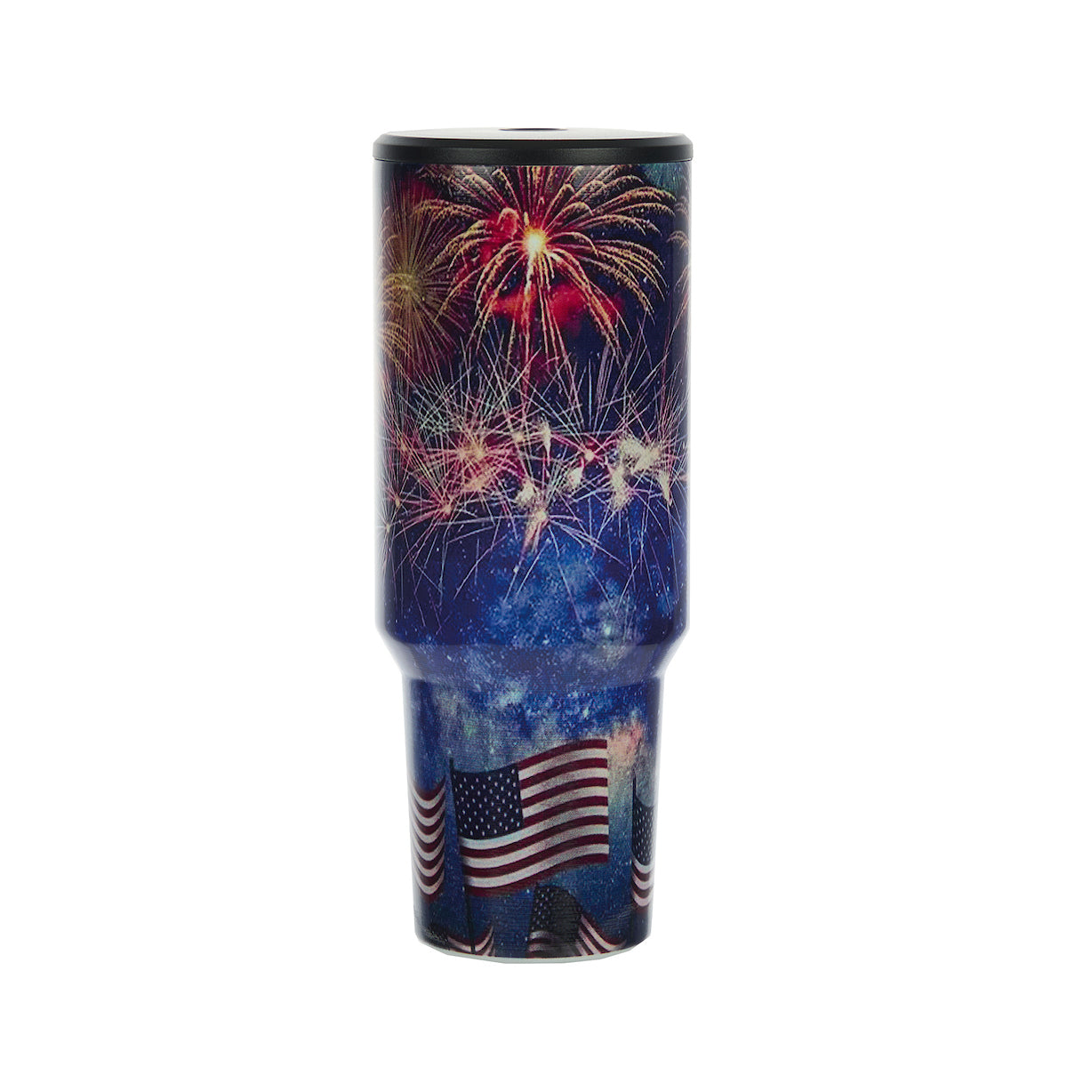 Bioworld Americana 40 Oz. Vacuum Insulated Stainless Steel Tumbler with Leak-Proof Lid & Handle, Patriotic Fireworks & American Flag Design for 4th of July or Everyday Travel