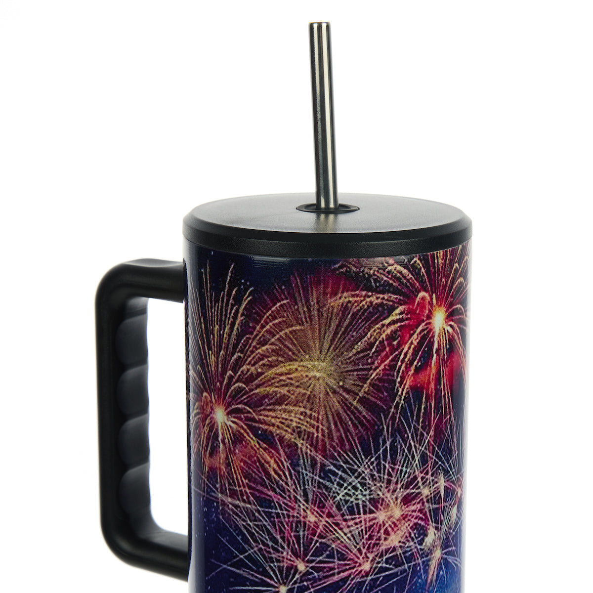 Bioworld Americana 40 Oz. Vacuum Insulated Stainless Steel Tumbler with Leak-Proof Lid & Handle, Patriotic Fireworks & American Flag Design for 4th of July or Everyday Travel