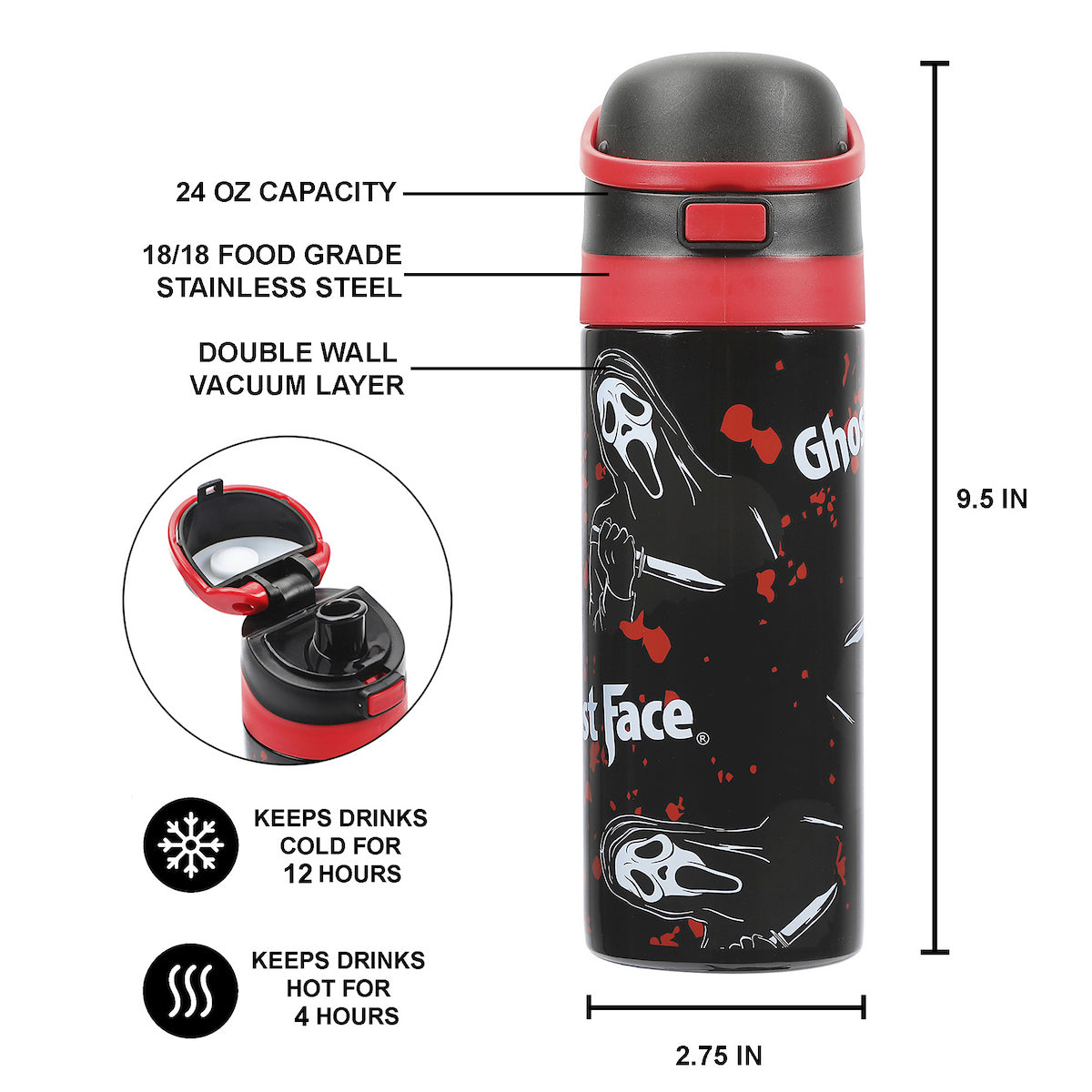 Ghostface Mask & Blood Splatter All-Over Print Black 24 Oz Stainless Steel Water Bottle