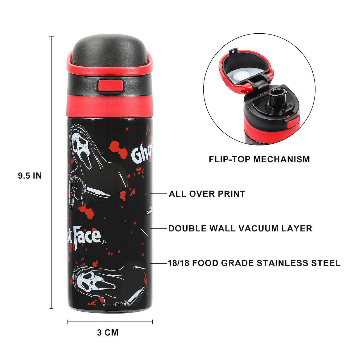Ghostface Mask & Blood Splatter All-Over Print Black 24 Oz Stainless Steel Water Bottle
