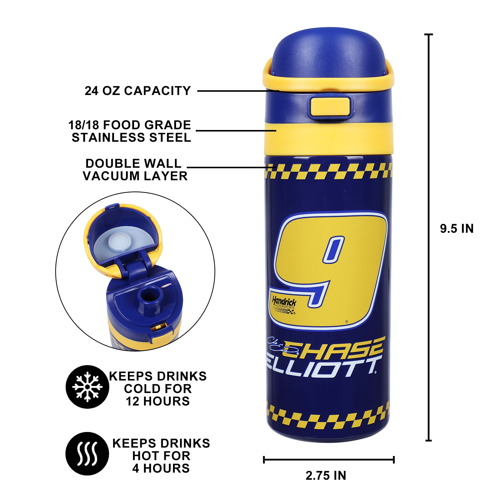 Hendrix Chase Elliott 9 Blue 24 Oz Stainless Steel Water Bottle