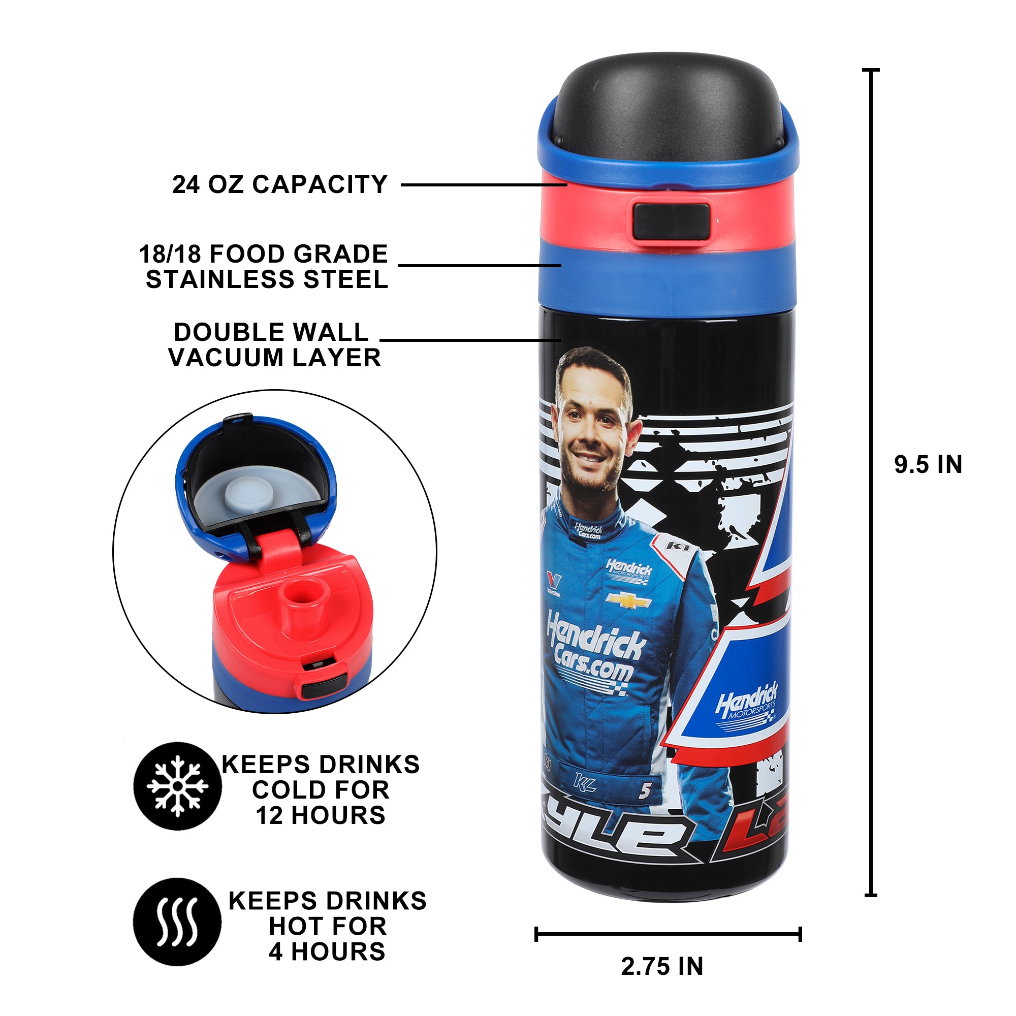 Hendrick Motorsports Kyle Larson #5 Blue 24 Oz Stainless Steel Water Bottle : Sports & Outdoors