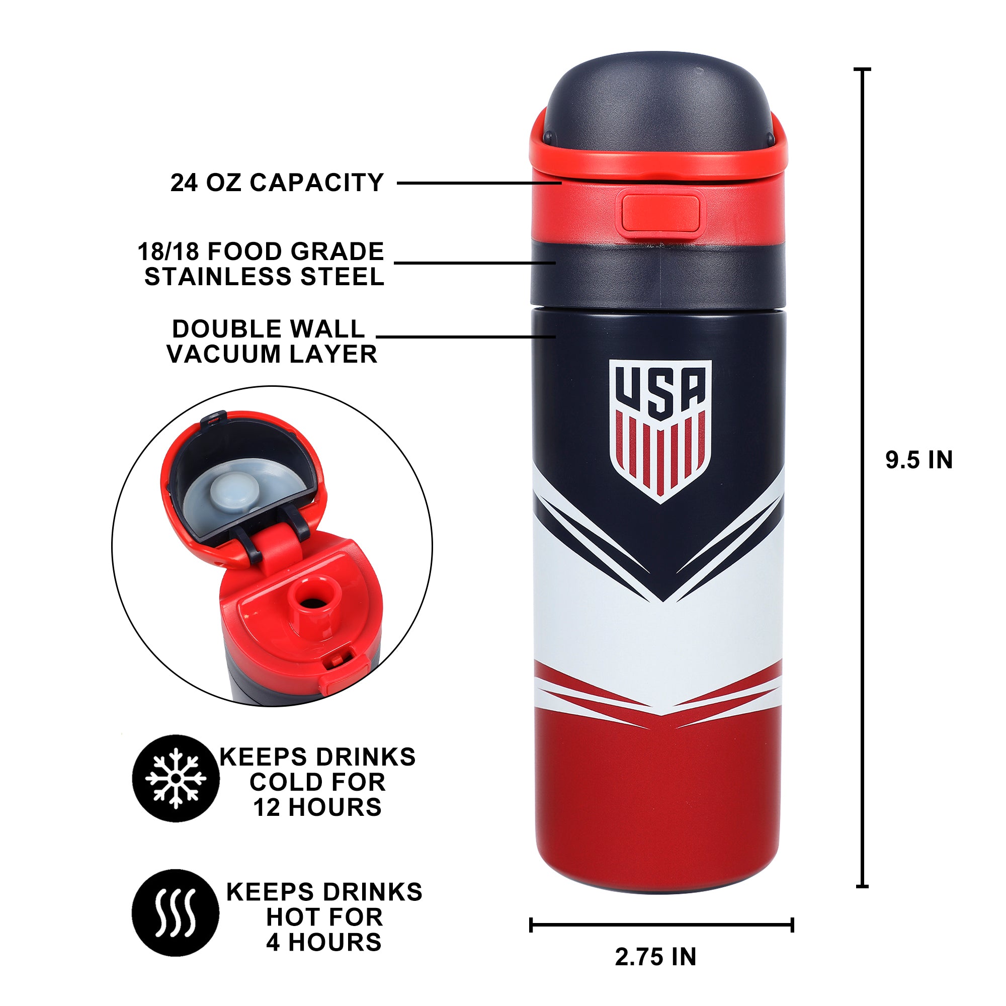 US Soccer Logo Tribal Crest 24 Oz Blue Stainless Steel Water Bottle