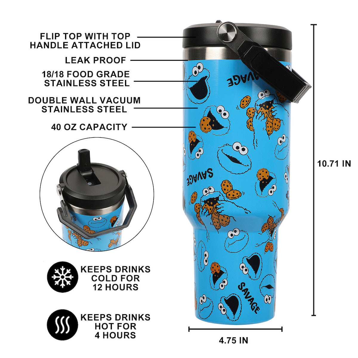 Sesame Street Cookie Monster AOP 40 Oz. Vacuum Sealed Stainless Steel Tumbler With Carry Handle