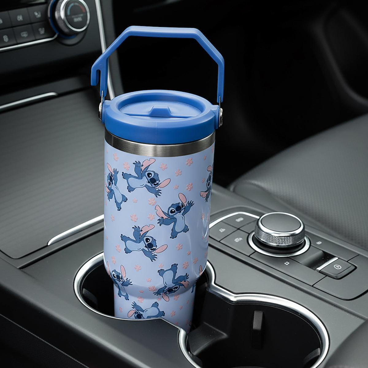 Disney Lilo & Stitch Sky Blue AOP 40 Oz. Vacuum Sealed Stainless Steel Tumbler With Carry Handle