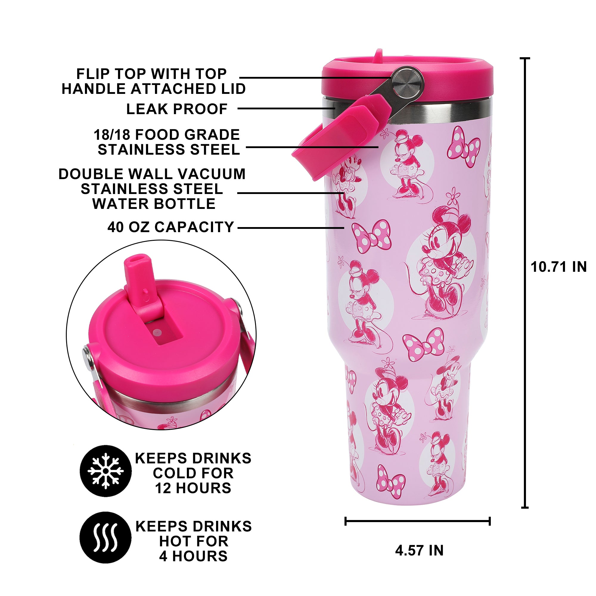 Disney Minnie Mouse & Bows All-Over Print 40 Oz Pink Stainless Steel Water Bottle