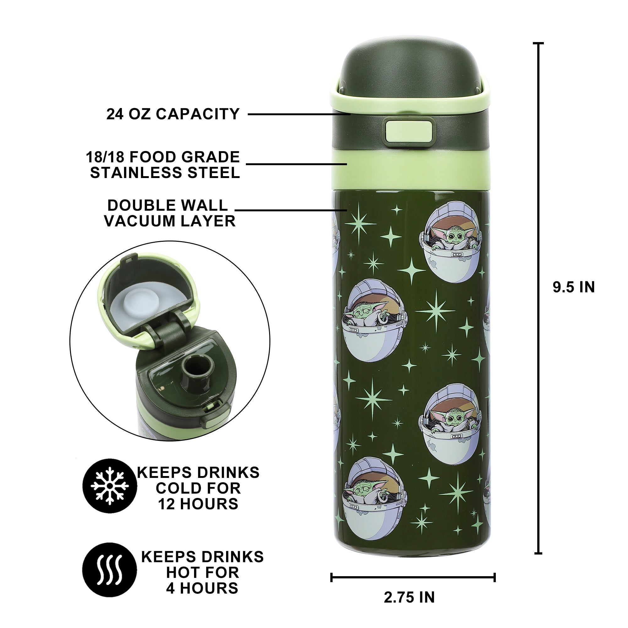 The Mandalorian and Grogu 24 Oz. Stainless Steel Tumbler With Flip-Top Lid