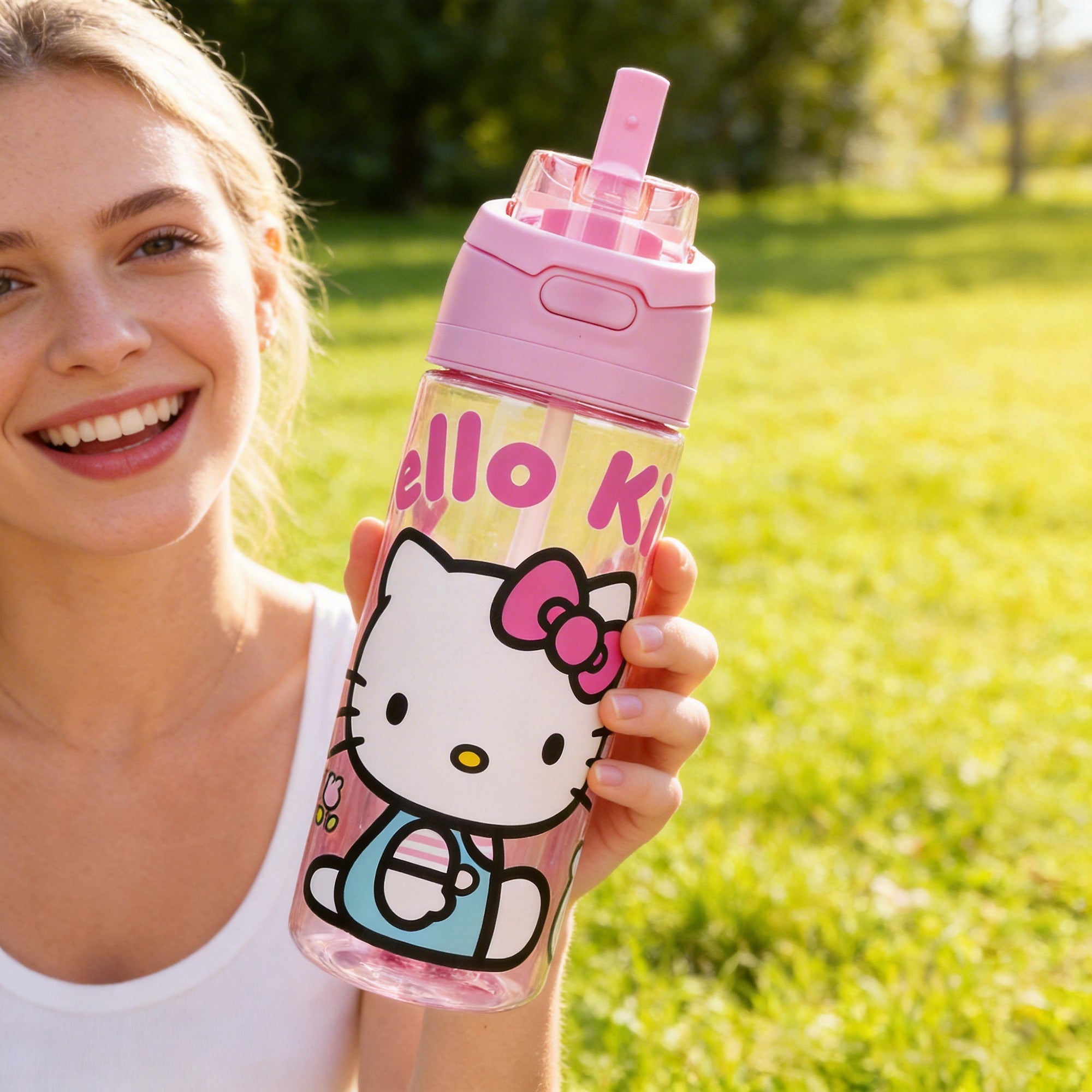 Hello Kitty Mushrooms & Milkshake Pink 24 Oz Plastic Water Bottle With Dual Spout Lid