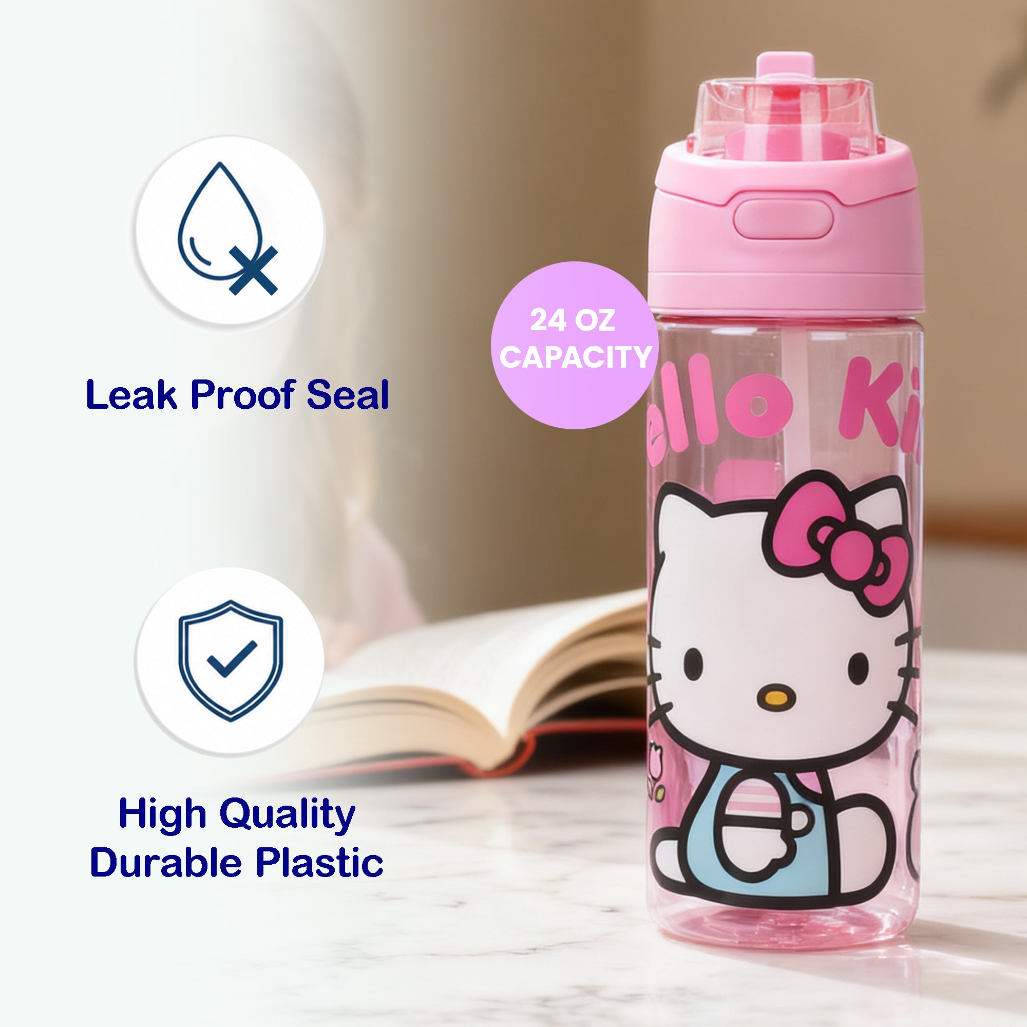 Hello Kitty Mushrooms & Milkshake Pink 24 Oz Plastic Water Bottle With Dual Spout Lid