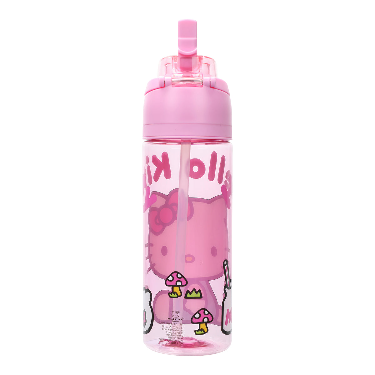 Hello Kitty Mushrooms & Milkshake Pink 24 Oz Plastic Water Bottle With Dual Spout Lid